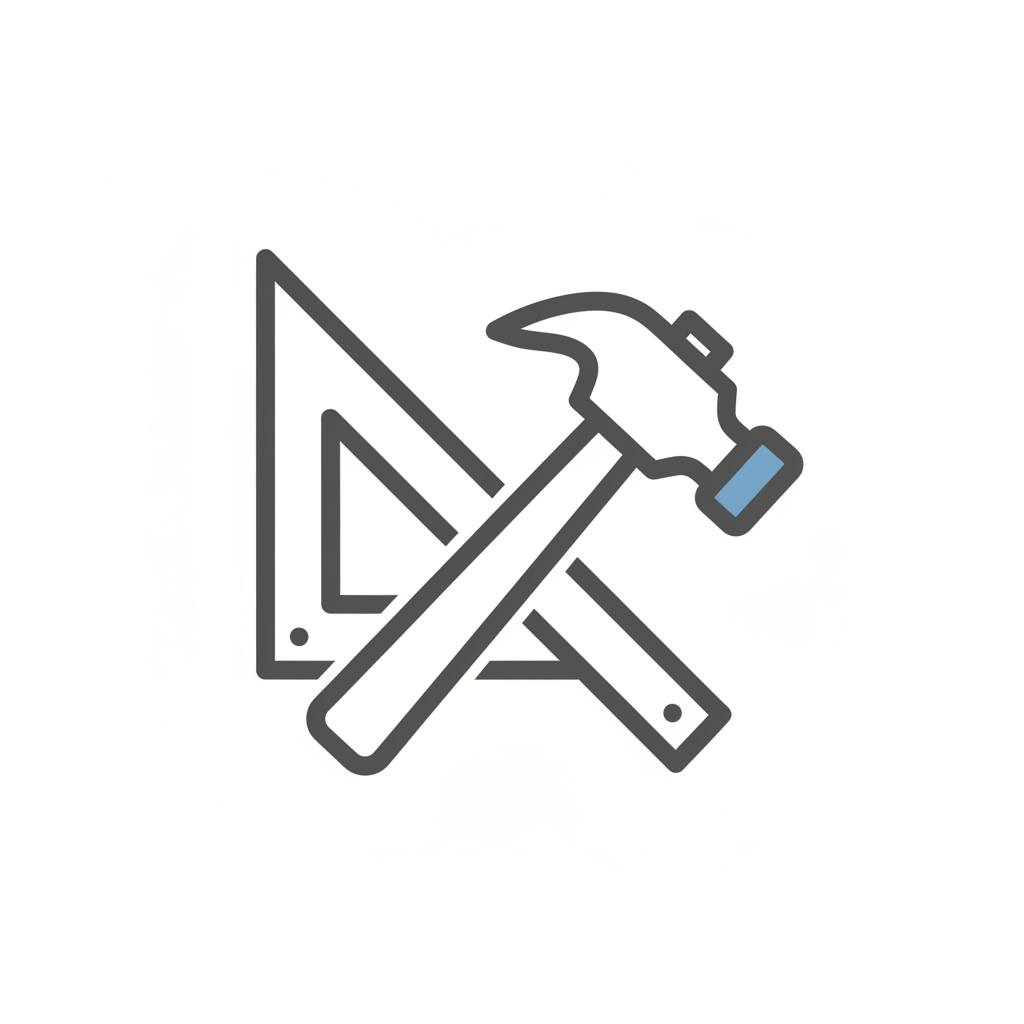 Icon of a hammer, a triangle ruler, and a square ruler, representing tools for construction or carpentry.