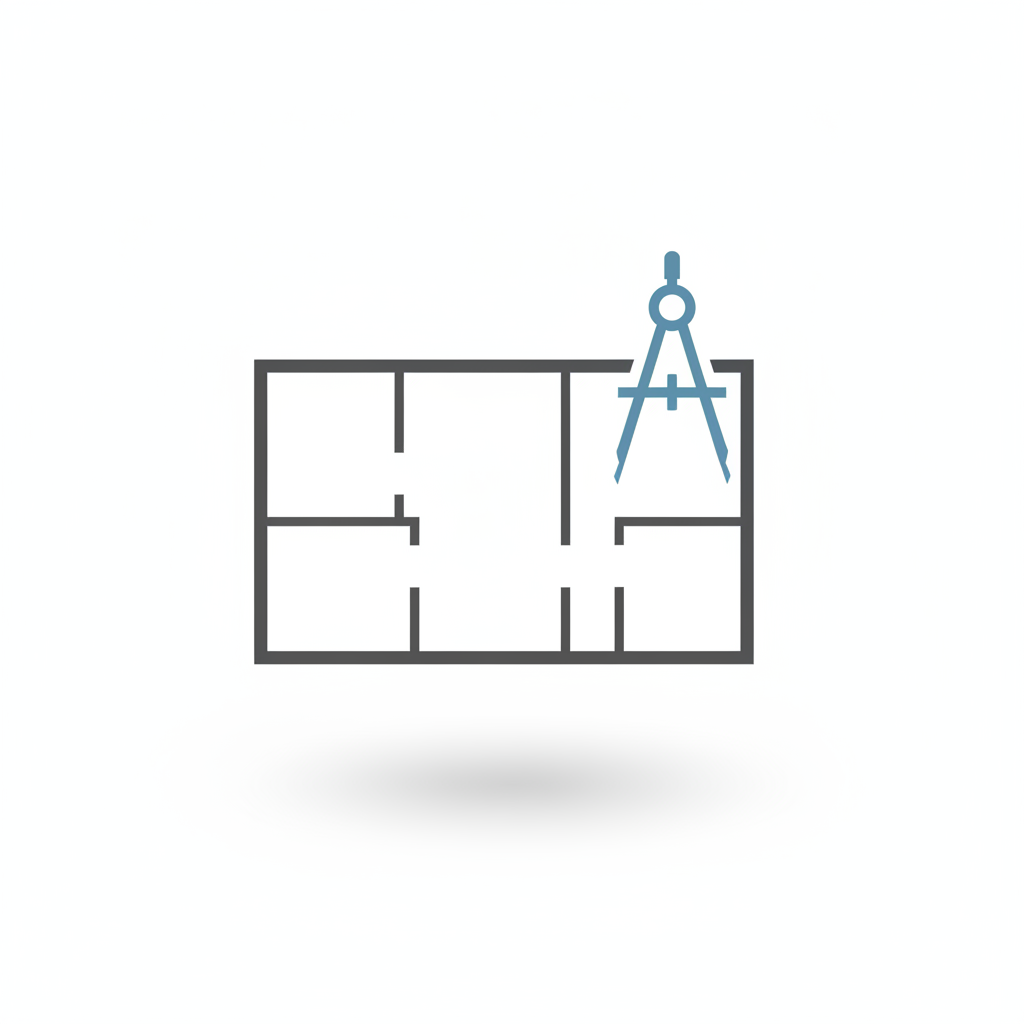 A digital illustration of a house floor plan with a compass tool on the top right corner.