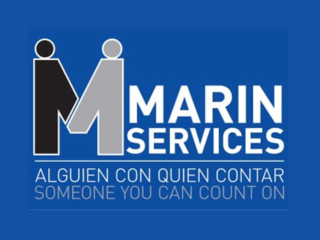 Logo for Marin Services featuring two stylized figures holding hands, with the text 'Marin Services' and the slogan 'Alguien con quien contar' / 'Someone you can count on' in Spanish and English.