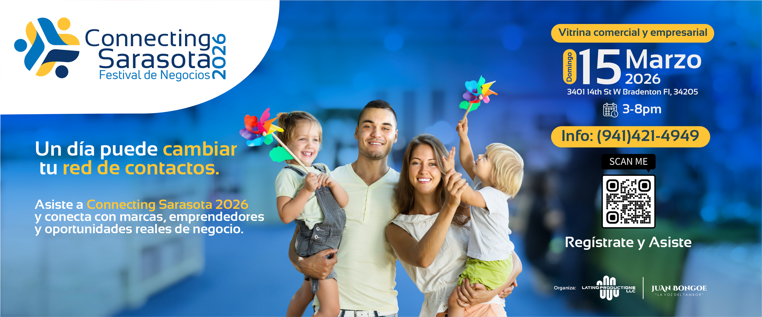 A promotional flyer for Connecting Sarasota 2026, a business festival, featuring a happy family with two children holding paper pinwheels in front of a blue background. The event details include date, time, location, and contact information.