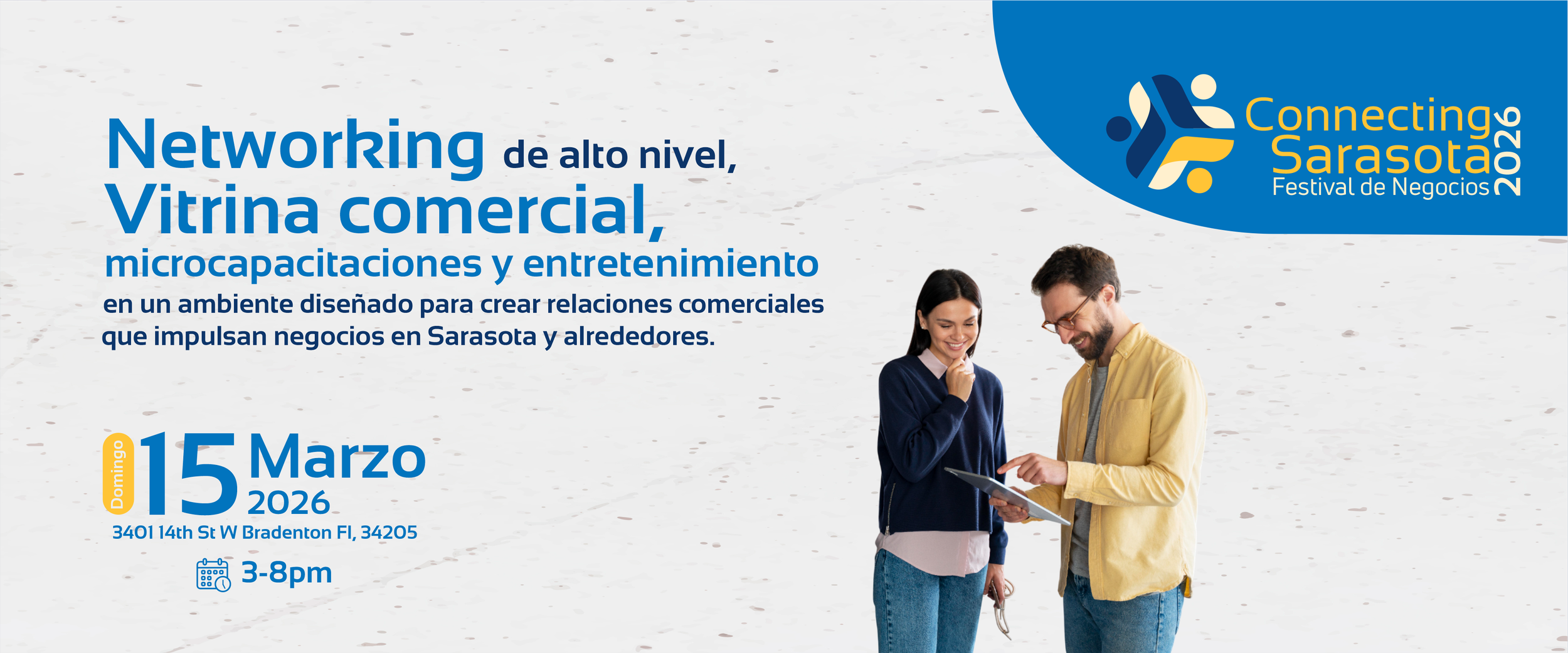 A promotional flyer for the Connecting Sarasota 2026 business festival, featuring an image of two smiling people looking at a tablet, with event details including date, time, location, and description of networking and training opportunities in Sarasota, Florida.