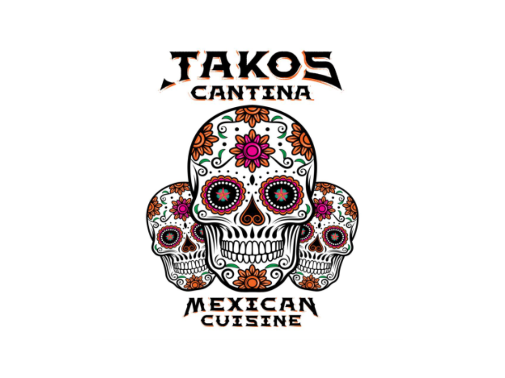 Colorful sugar skull with floral designs and the text "Tako's Cantina" and "Mexican Cuisine".