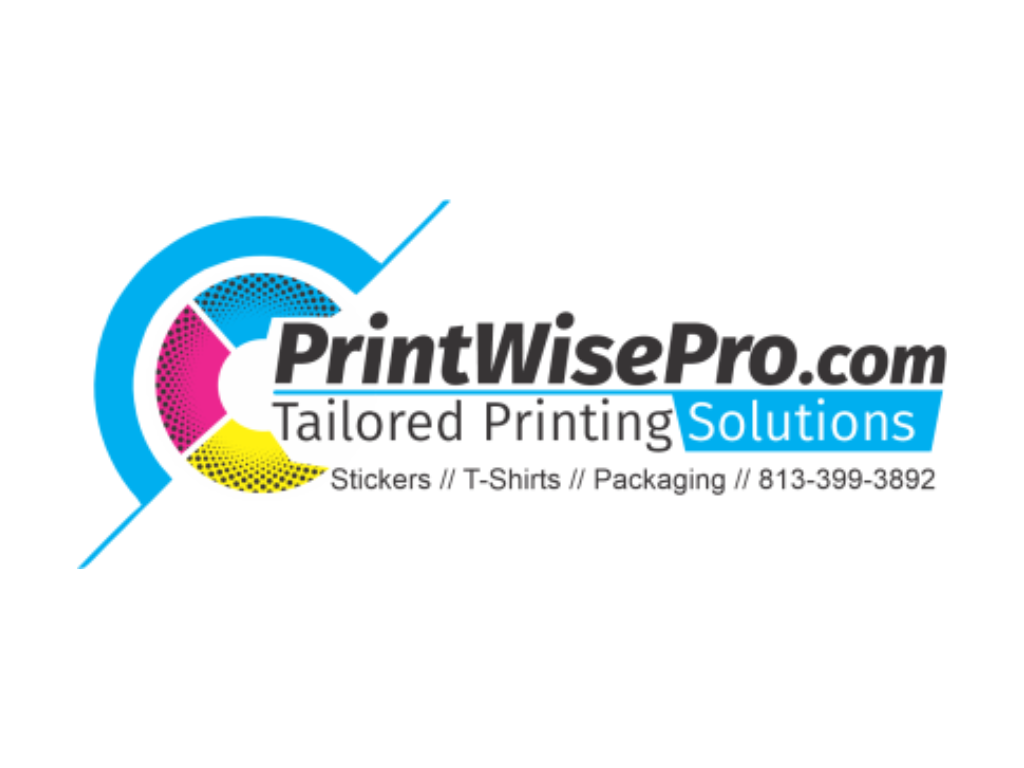 PrintWisePro.com logo featuring colorful, dot-patterned semicircle and services including stickers, T-shirts, and packaging with contact number.