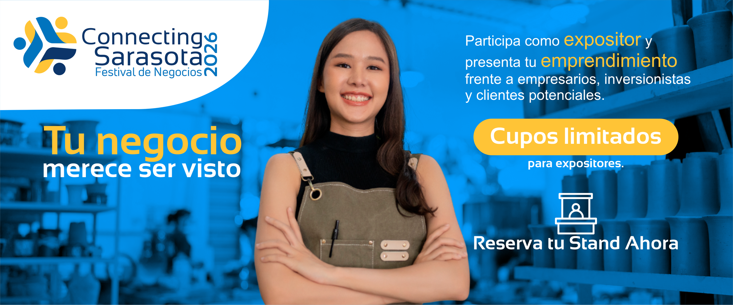 An advertisement for the Connecting Sarasota Business Festival 2026 features a smiling woman with crossed arms wearing a beige apron. The background shows shelves with pottery or ceramics in a store. The text promotes participation as an exhibitor, limited spots, and encourages booking a stand.