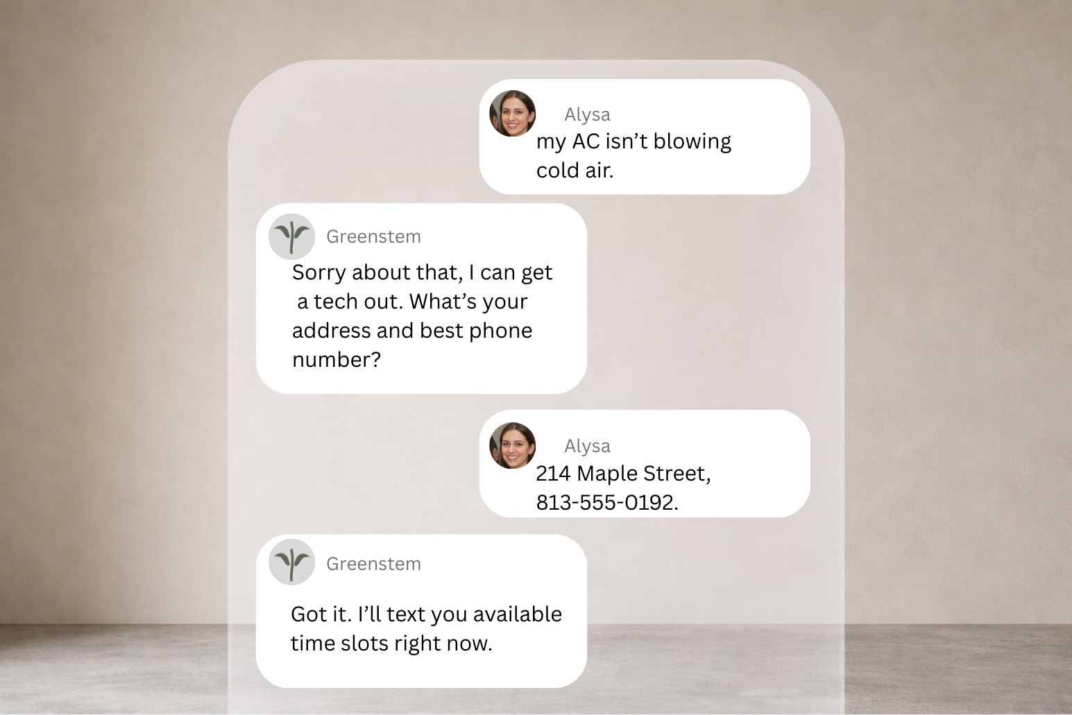 A screenshot of a text message conversation on a mobile device between Alysa and Greenstem about fixing a broken air conditioning unit, sharing contact details and setting up a time to meet.
