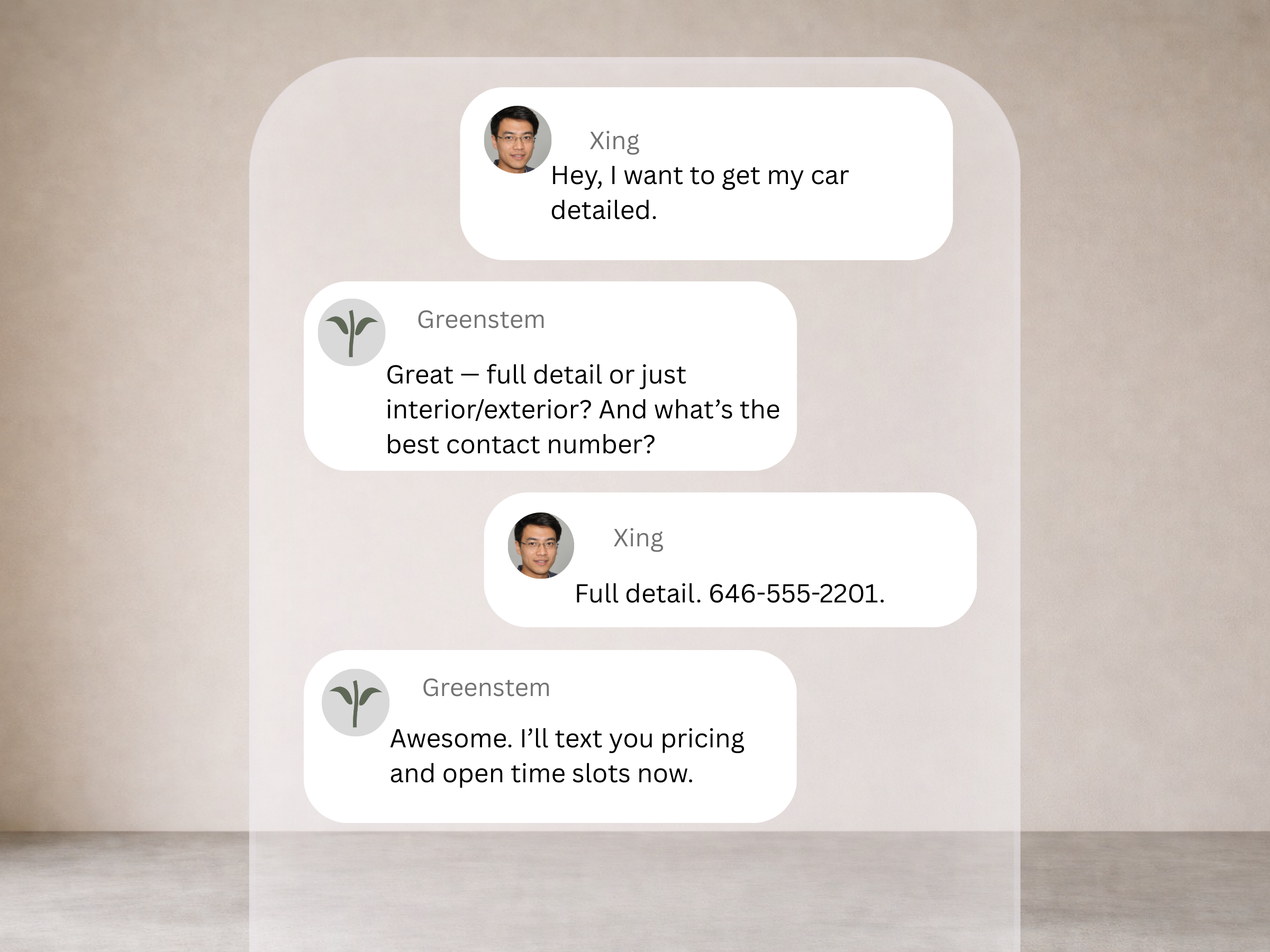 A chat conversation between two people about getting a car detailed, with messages displayed on a virtual chat interface.
