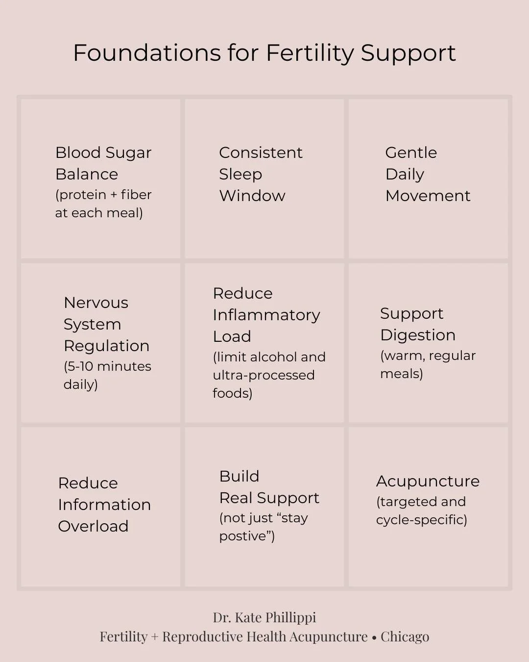 Fertility support is often framed as a single supplement, protocol, or &ldquo;fix.&rdquo;

But clinically, I see the biggest shifts happen when we support the foundations consistently.

Blood sugar balance.
Sleep.
Nervous system regulation.
Inflammat