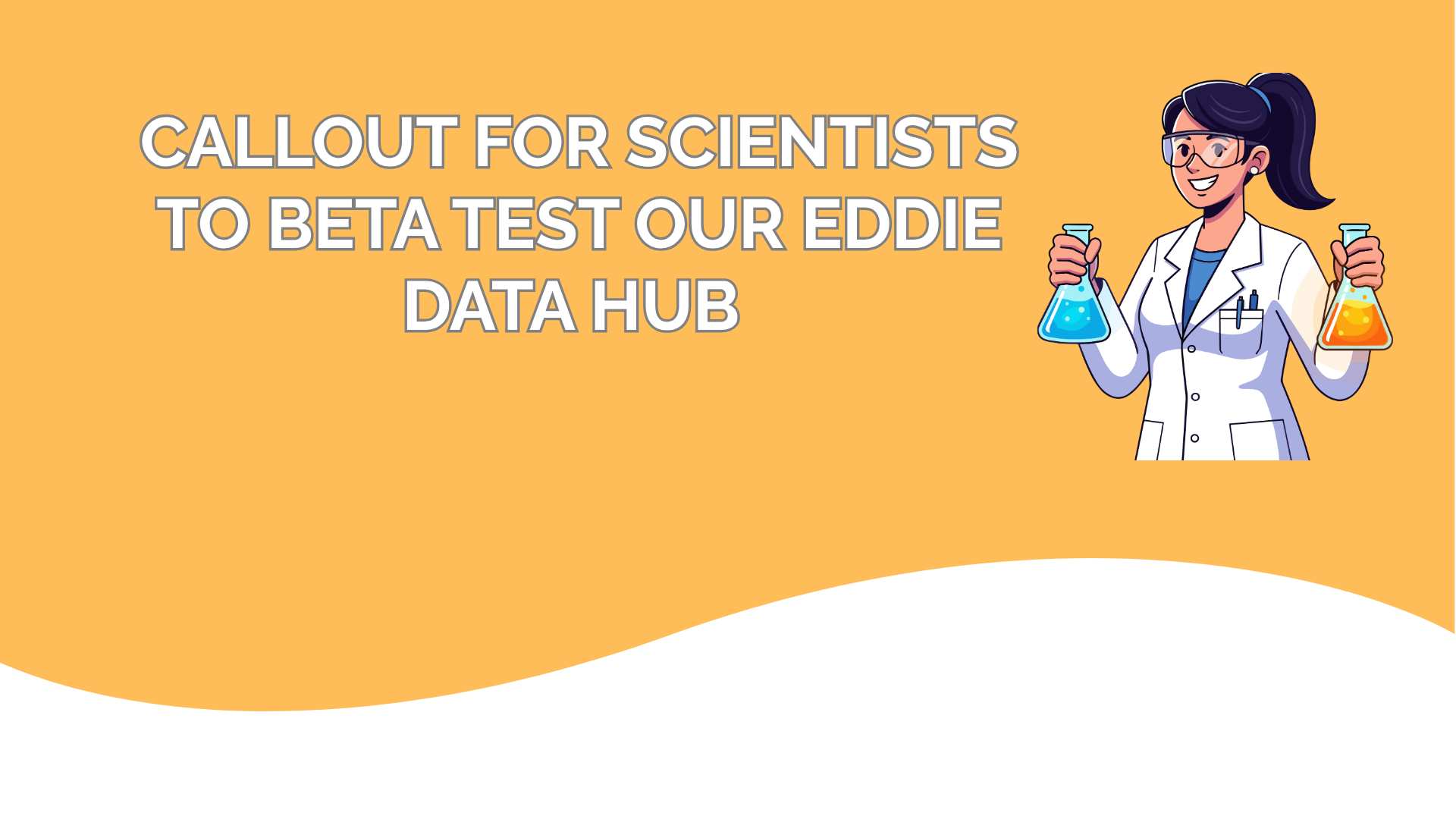 A cartoon woman in a lab coat holding two beakers, one with blue liquid and one with orange liquid, smiling.
