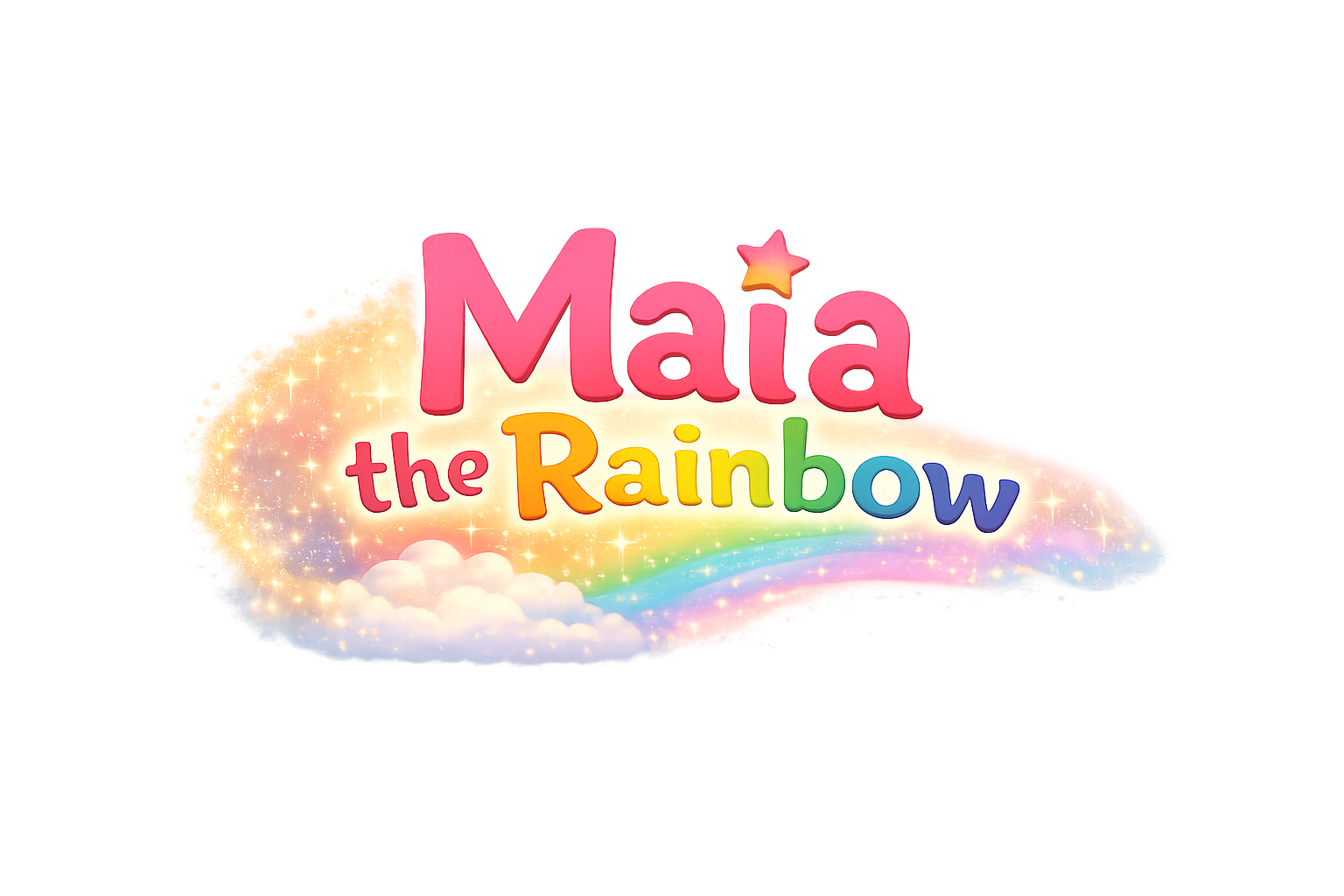 Colorful title reading "Malia the Rainbow" with a rainbow, clouds, and sparkles in the background.