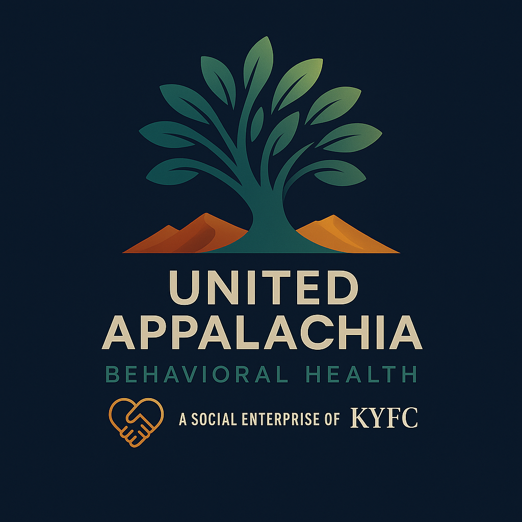 Logo for United Appalachia Behavioral Health, featuring a stylized tree with green leaves and orange mountains under a dark background, with text indicating it is a social enterprise of KYFC.