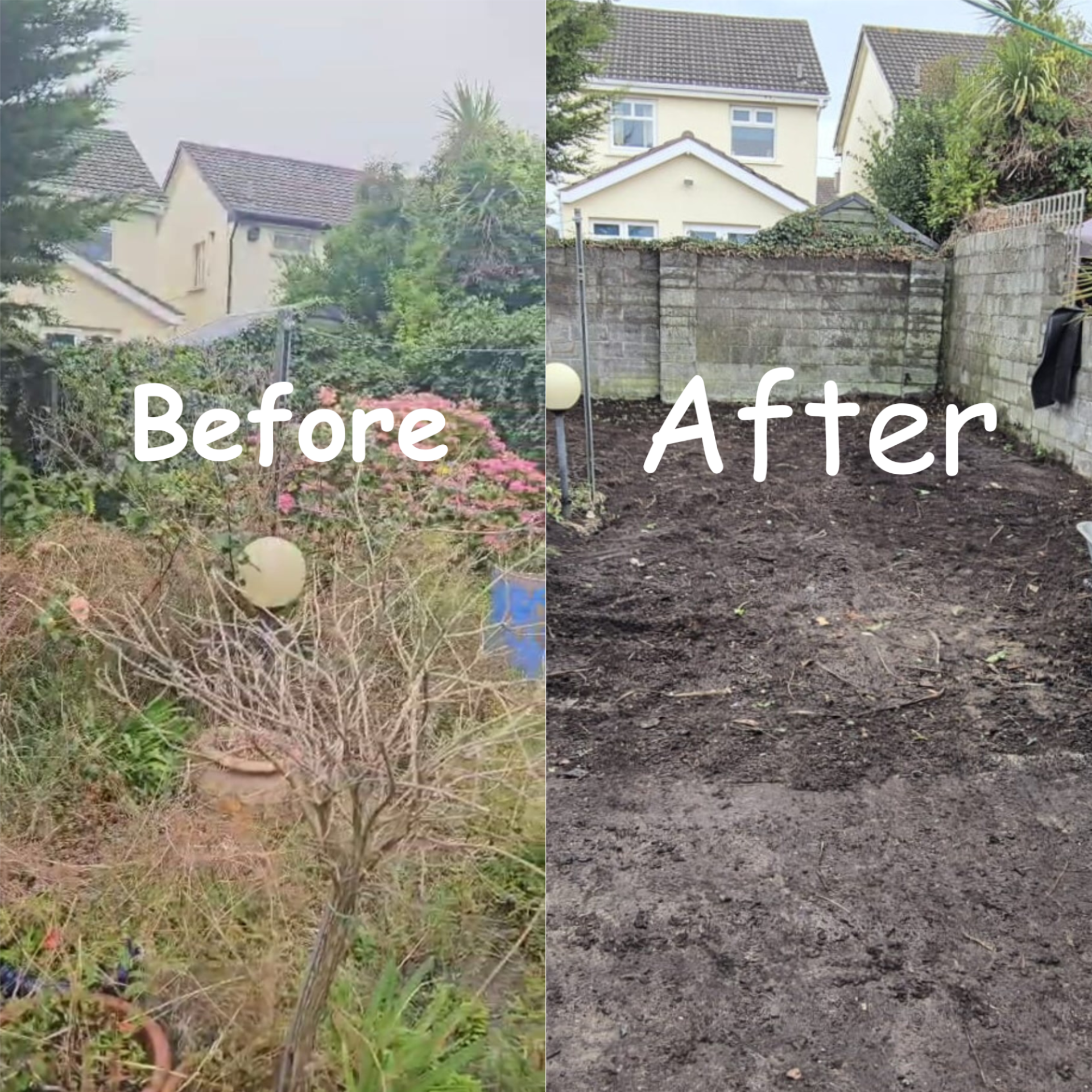 Side-by-side comparison of a backyard before and after clearing and leveling the soil. The left side shows overgrown plants and shrubs, while the right side shows a bare, freshly leveled dirt yard with a concrete block wall in the background.