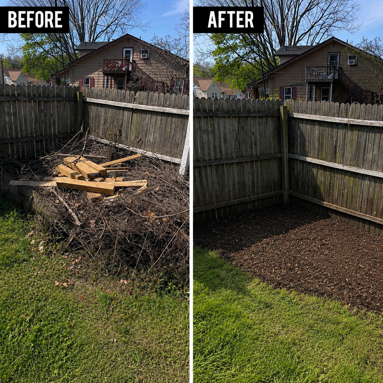 Side-by-side comparison of a backyard with a wooden fence before and after clearing debris. The 'before' image shows a pile of sticks, twigs, and wooden scraps in the corner. The 'after' image reveals the same corner cleaned, with bare soil and no debris.