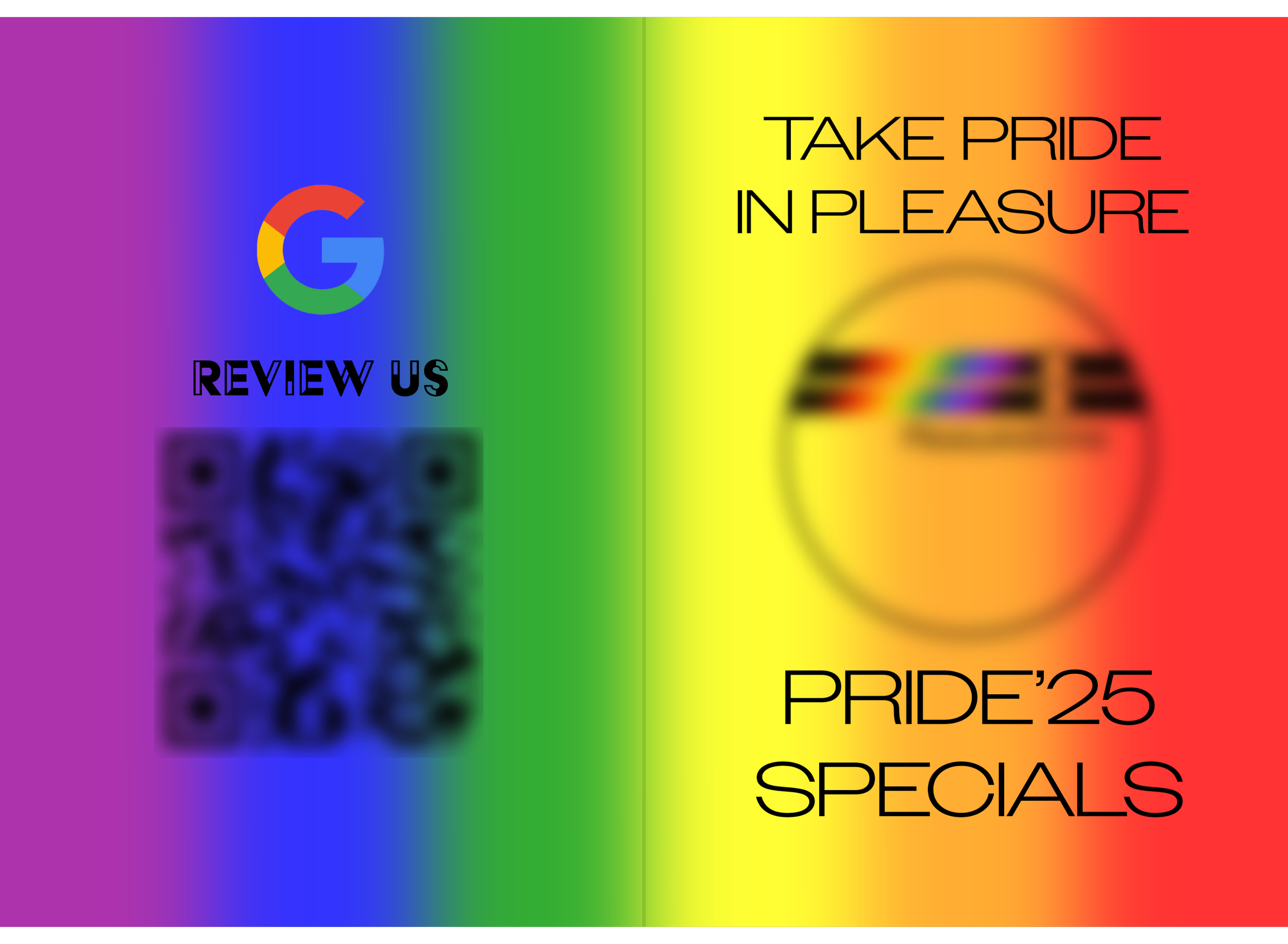 A colorful Pride-themed promotional graphic featuring a rainbow background with text encouraging viewers to review Google and take pride in the celebration, including special offers for Pride 2025.