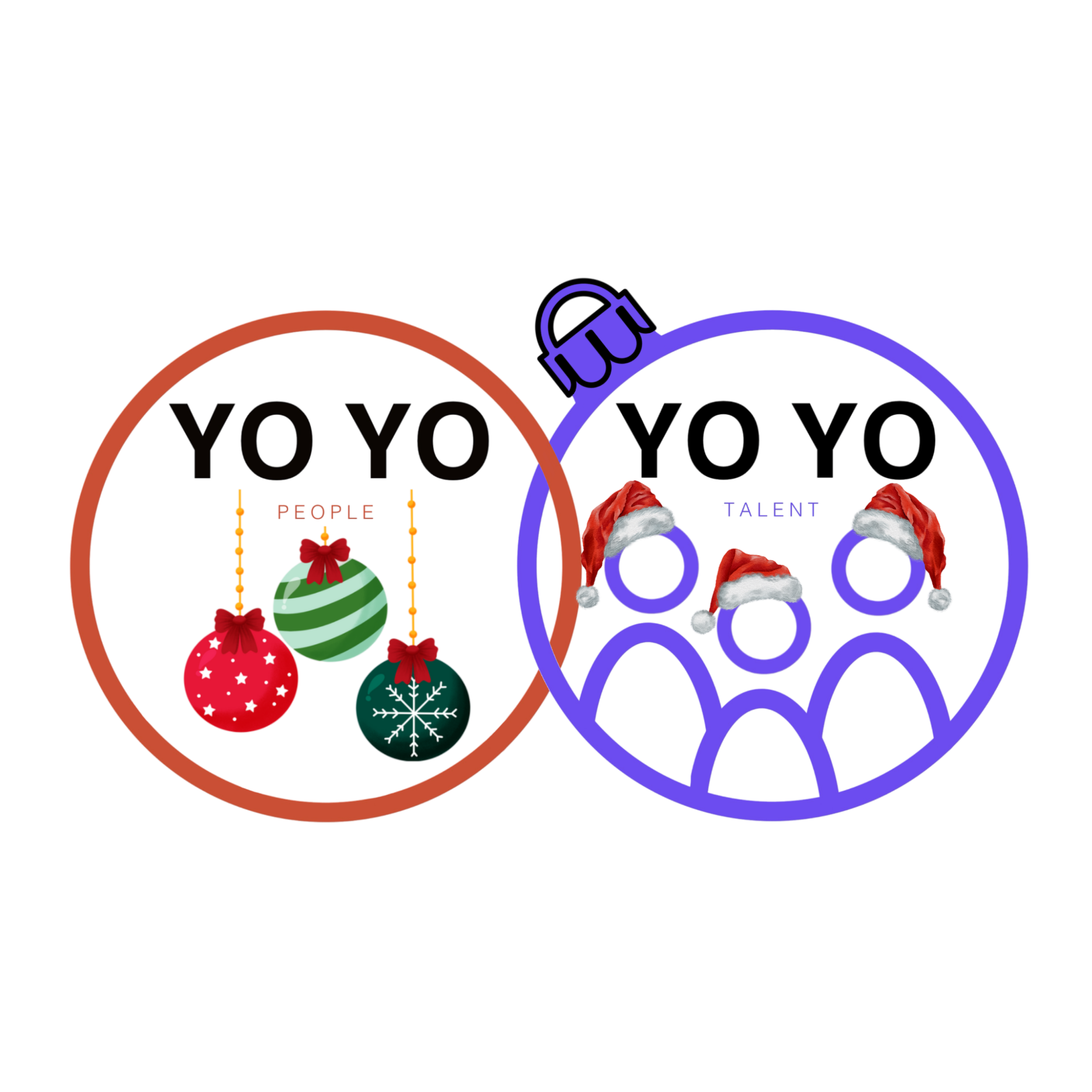 Decorative Christmas-themed holiday light signs featuring two circles with figures. The left circle has the words 'YO YO' at the top and ornaments hanging below with the words 'PEOPLE' in the background. The right circle has the words 'YO YO' with a Santa hat on one of the figures and the word 'TALENT' in the background.