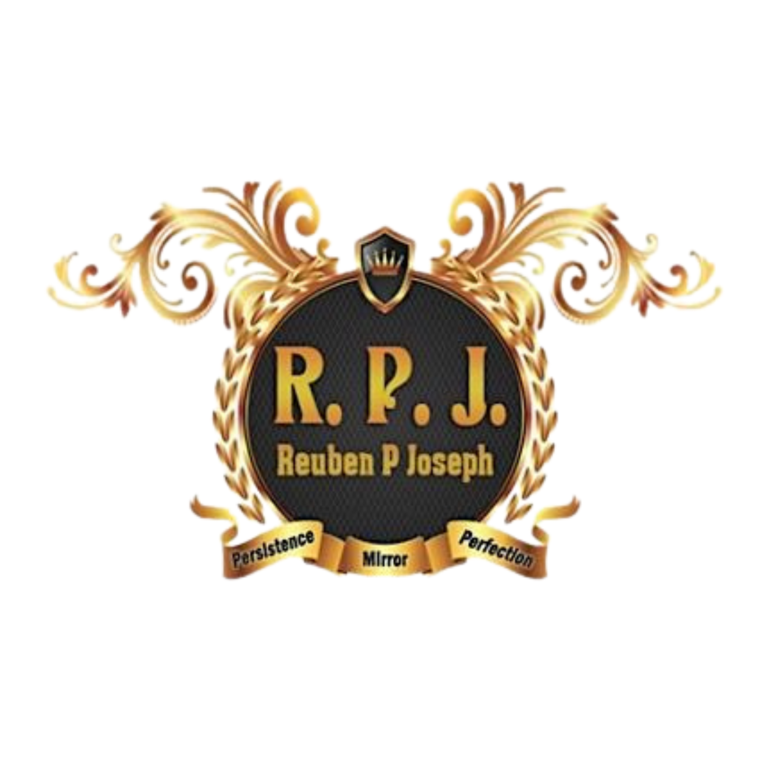 A logo with a black circle in the center, gold decorative flourishes, and a small shield at the top. Inside the circle, the initials 'R.P.J.' are in large gold letters, with the full name 'Reuben P Joseph' below. A gold ribbon at the bottom contains the words 'Persistence,' 'Mirror,' and 'Perfection'.
