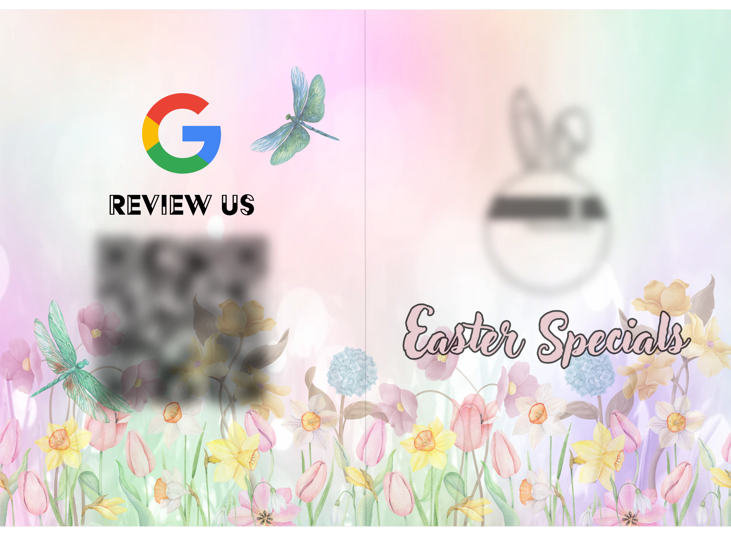 A pastel-colored Easter promotional graphic with flowers, butterflies, and a blurred trophy, featuring the words 'Review Us' and 'Easter Specials'.