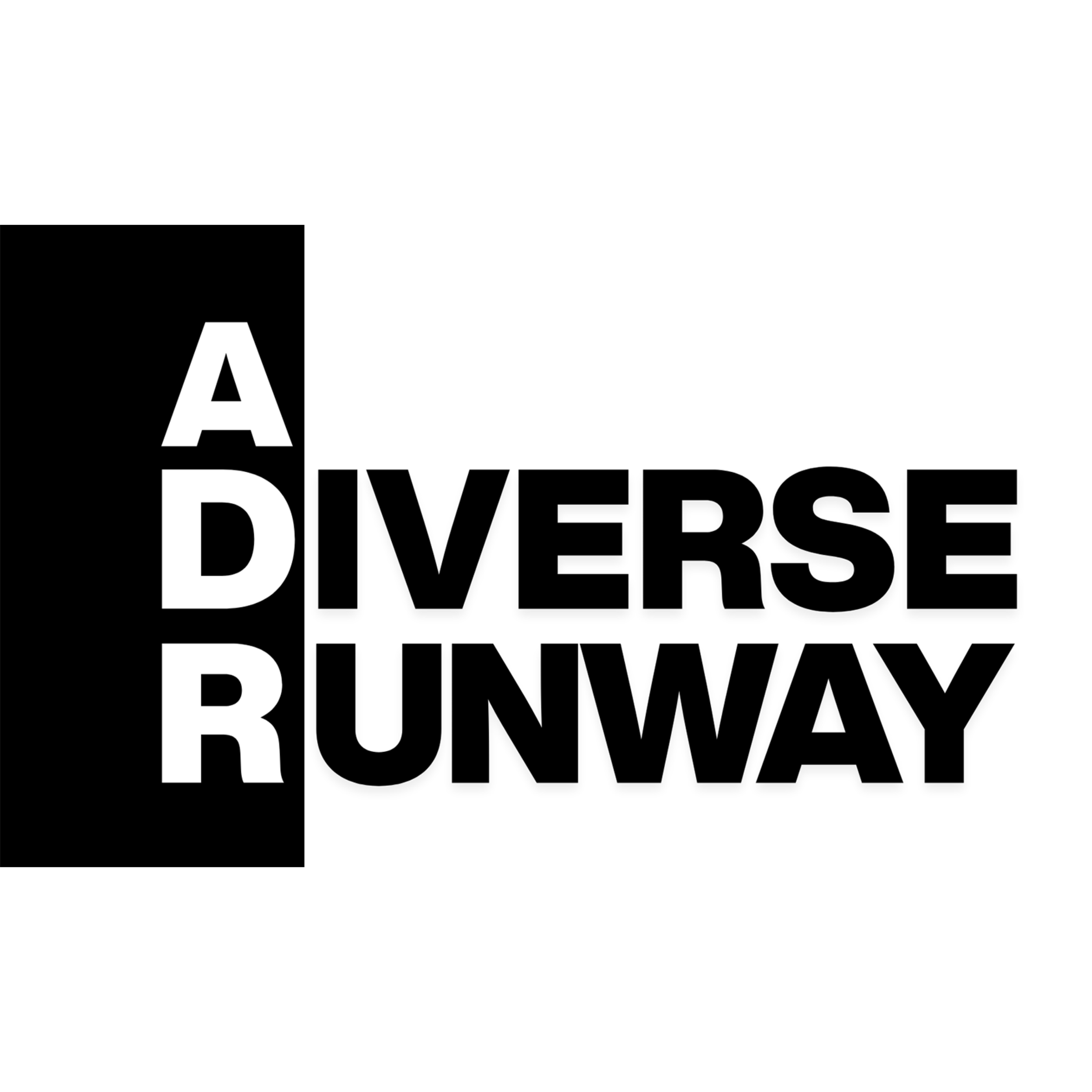 Black rectangle with the white letters A, D, R in a vertical line and the words DIVERSE RUNWAY in bold black letters extending horizontally.