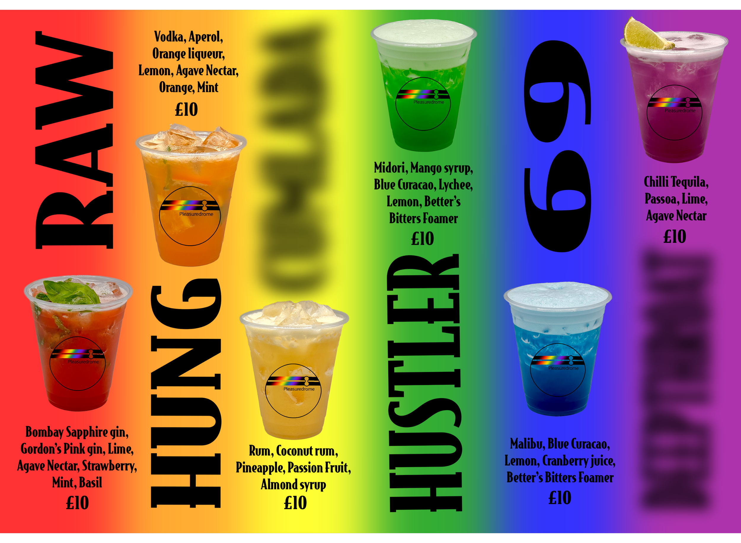 Colorful menu poster featuring six vibrant cocktails, each in a clear cup with a logo. The drinks are arranged across a rainbow gradient background, labeled as Rum, Hustling, Hustler, and their ingredients are listed, with prices of £10.