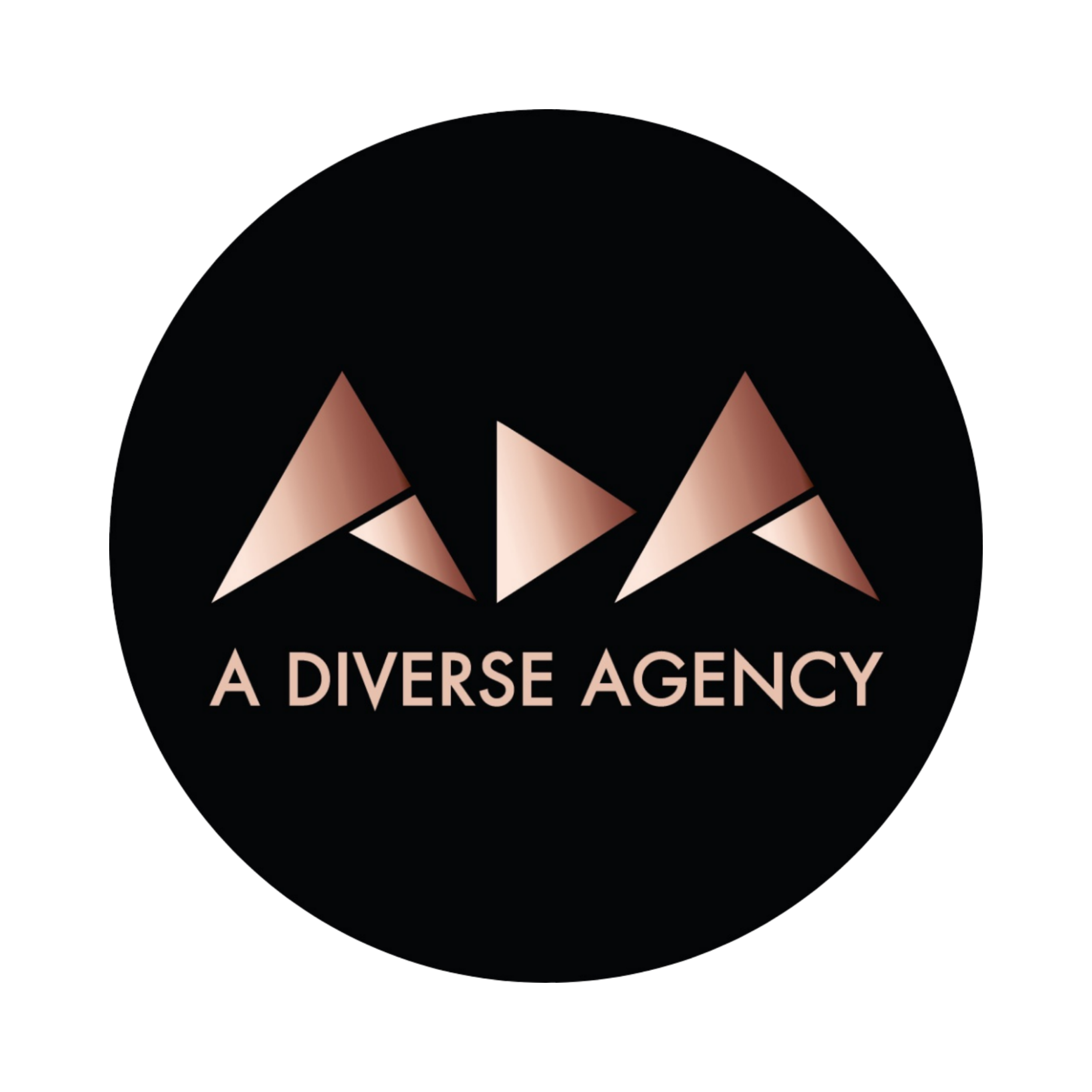 Logo with three stylized triangles above the text 'A DIVERSE AGENCY' on a black circular background.