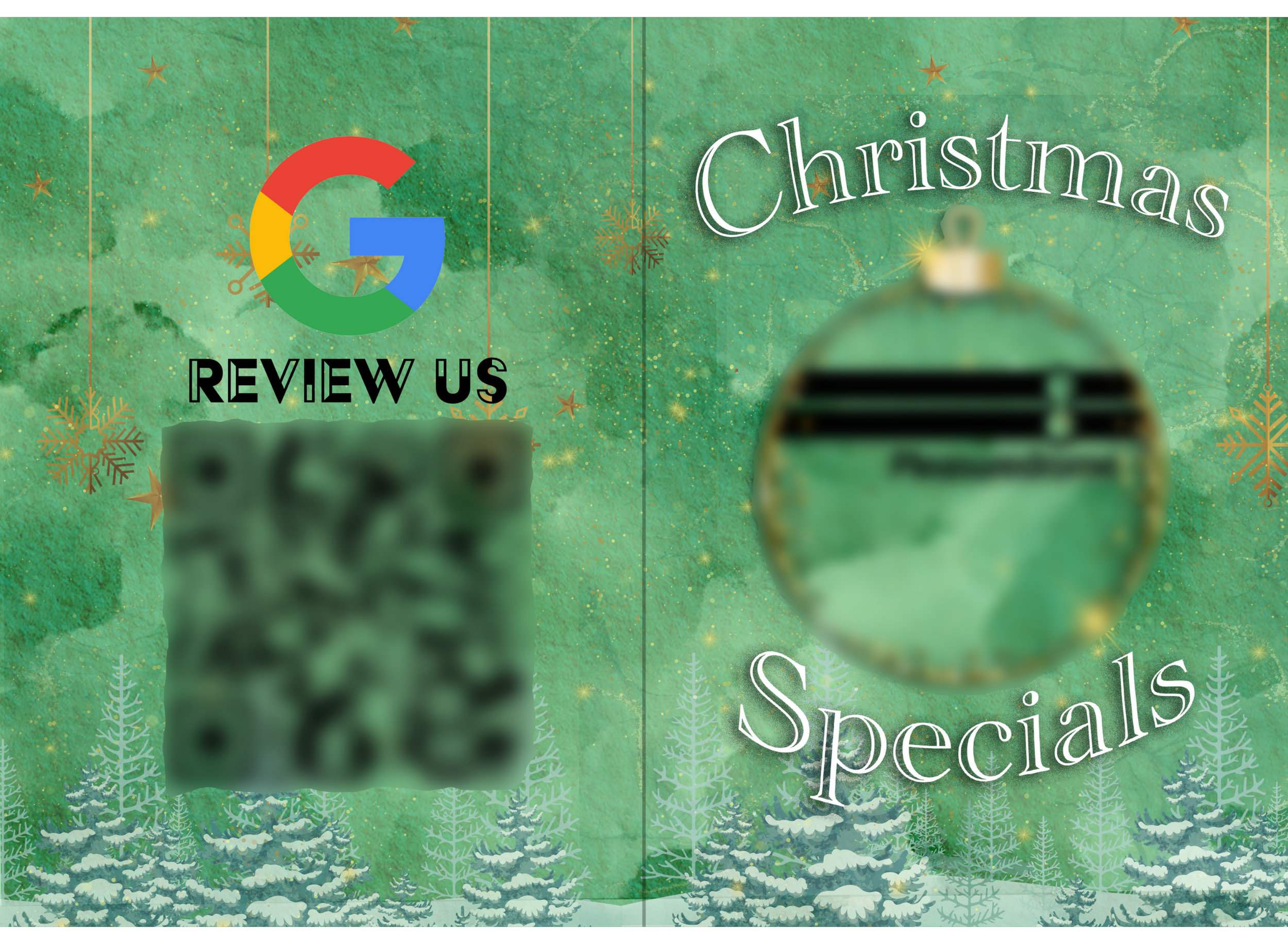 A festive background with green wood texture, gold snowflakes, and trees. The Google logo near the top left corner with the words "Review Us" beneath it. On the right side, a blurred Christmas ornament with the words "Christmas Specials" in white, festive font.