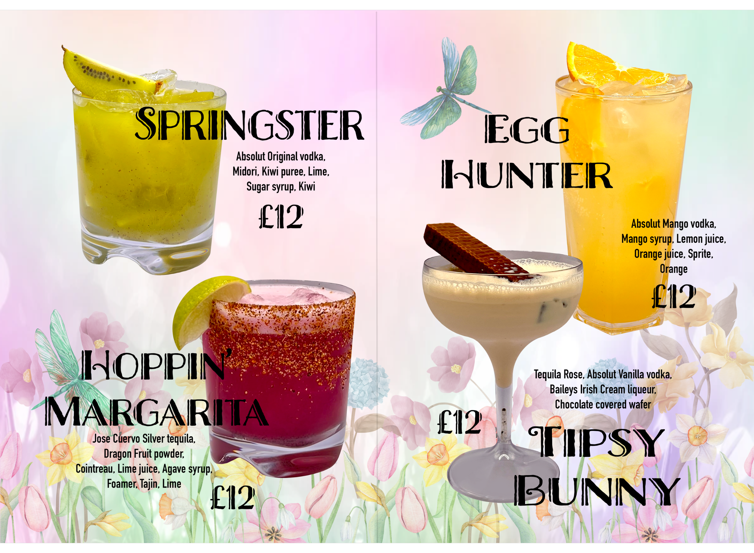 A colorful menu featuring four spring-inspired cocktails with their names, ingredients, and prices: Springstier, Egg Hunter, Hoppin Margarita, and Tipsy Bunny. The background has pastel colors and floral illustrations.