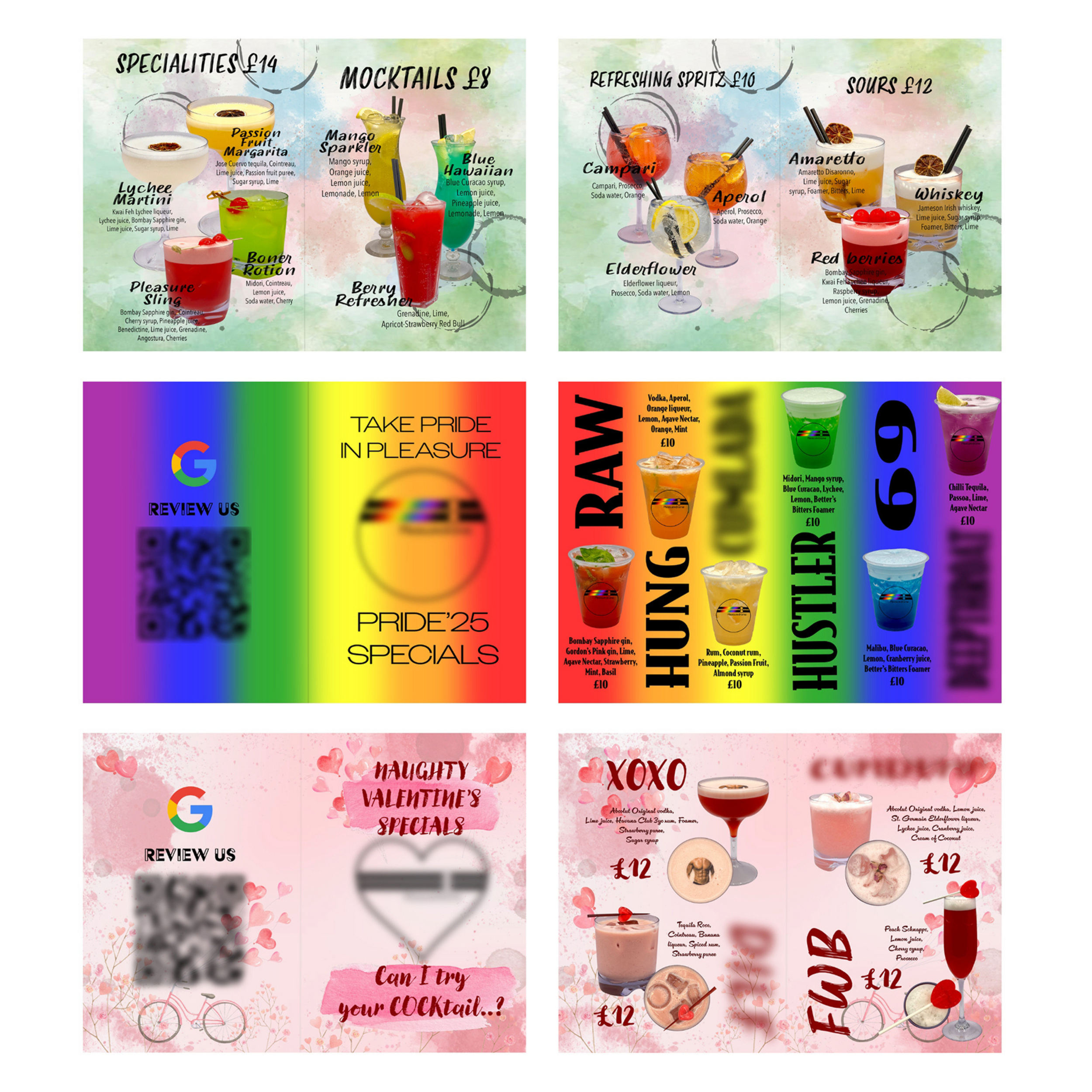 Colorful images of various cocktails and drinks with menu descriptions and prices, featuring margaritas, mocktails, spritz, sours, and specialty cocktails, along with promotional graphics for reviews and special offers.