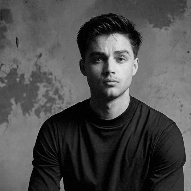 Black and white portrait of a young man with dark hair wearing a dark long-sleeve shirt, looking directly at the camera against a textured background.