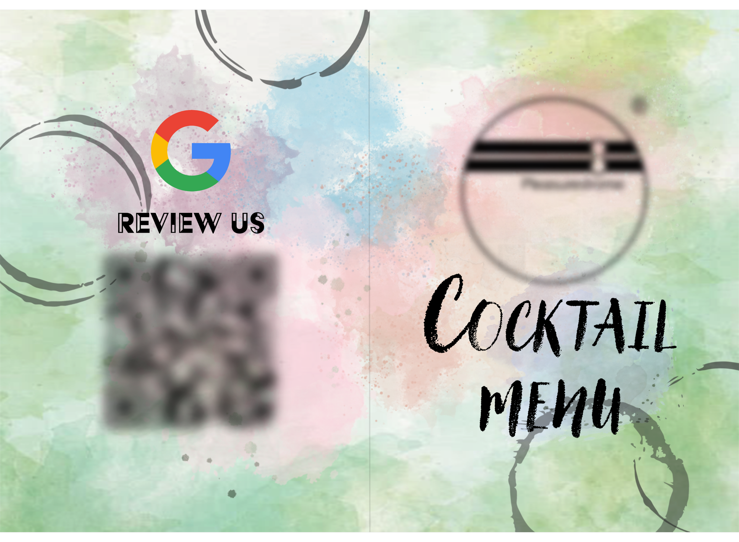 Colorful cocktail menu cover with the text 'Review Us' and 'Cocktail Menu', including a blurred QR code.