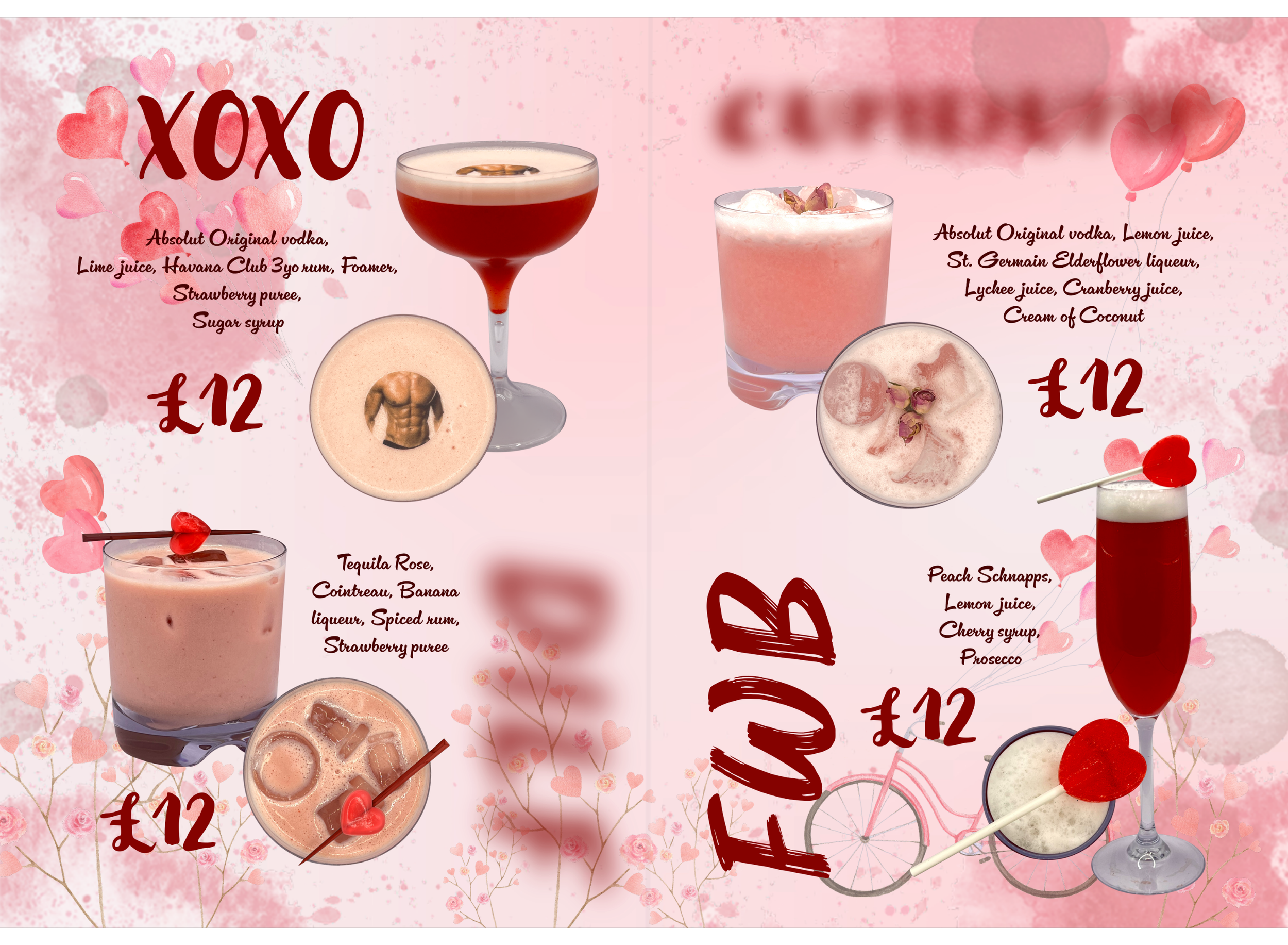 Valentine-themed menu featuring four cocktails, each priced at £12, with garnishes and colorful backgrounds of pink hearts and flowers.