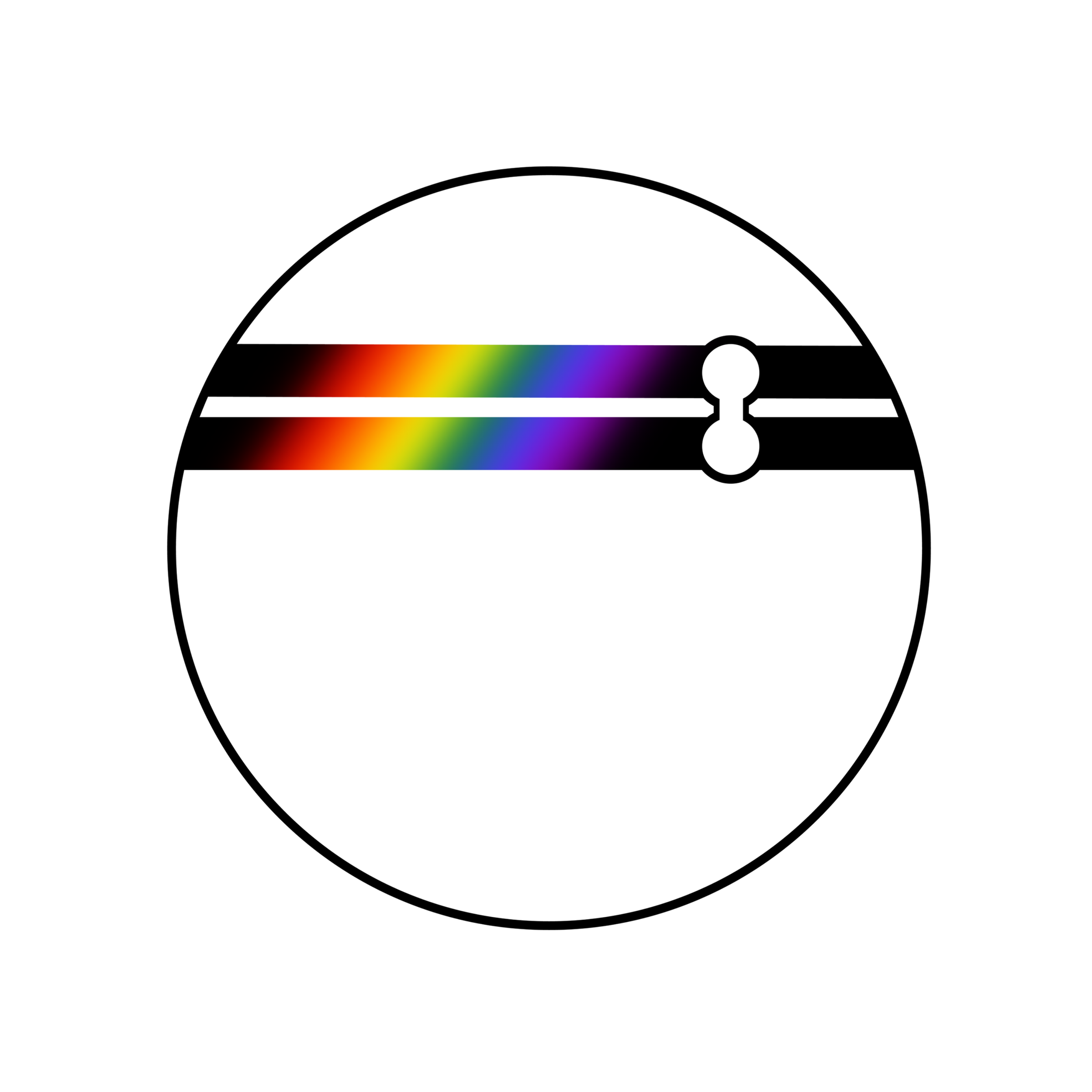 A circular graphic with a black and white horizontal stripe pattern and a rainbow-colored stripe intersecting it