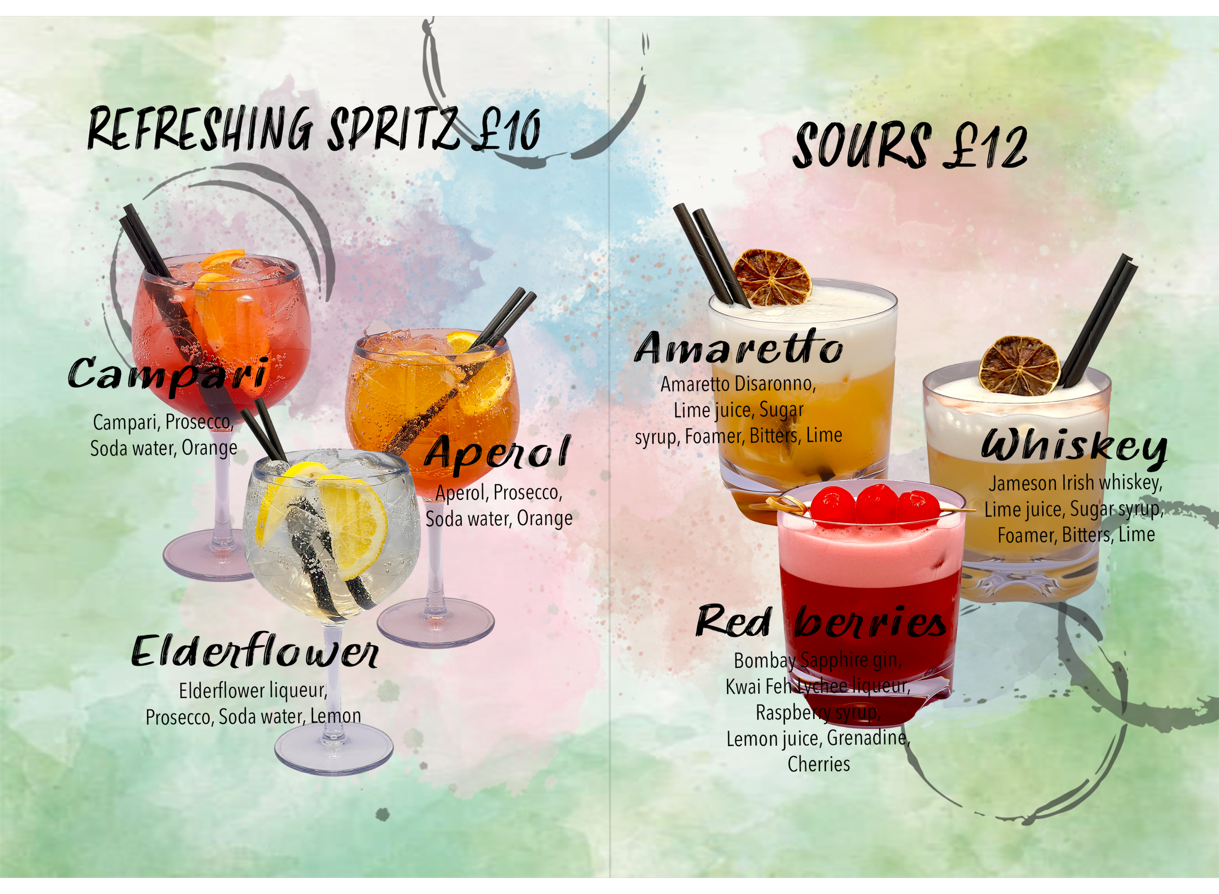 Menu offering a variety of alcoholic drinks. On the left, three spritz cocktails: Campari, Aperol, and Elderflower. On the right, four different mixed drinks: Amaretto, Whiskey, Red Berries, with ingredients listed for each.
