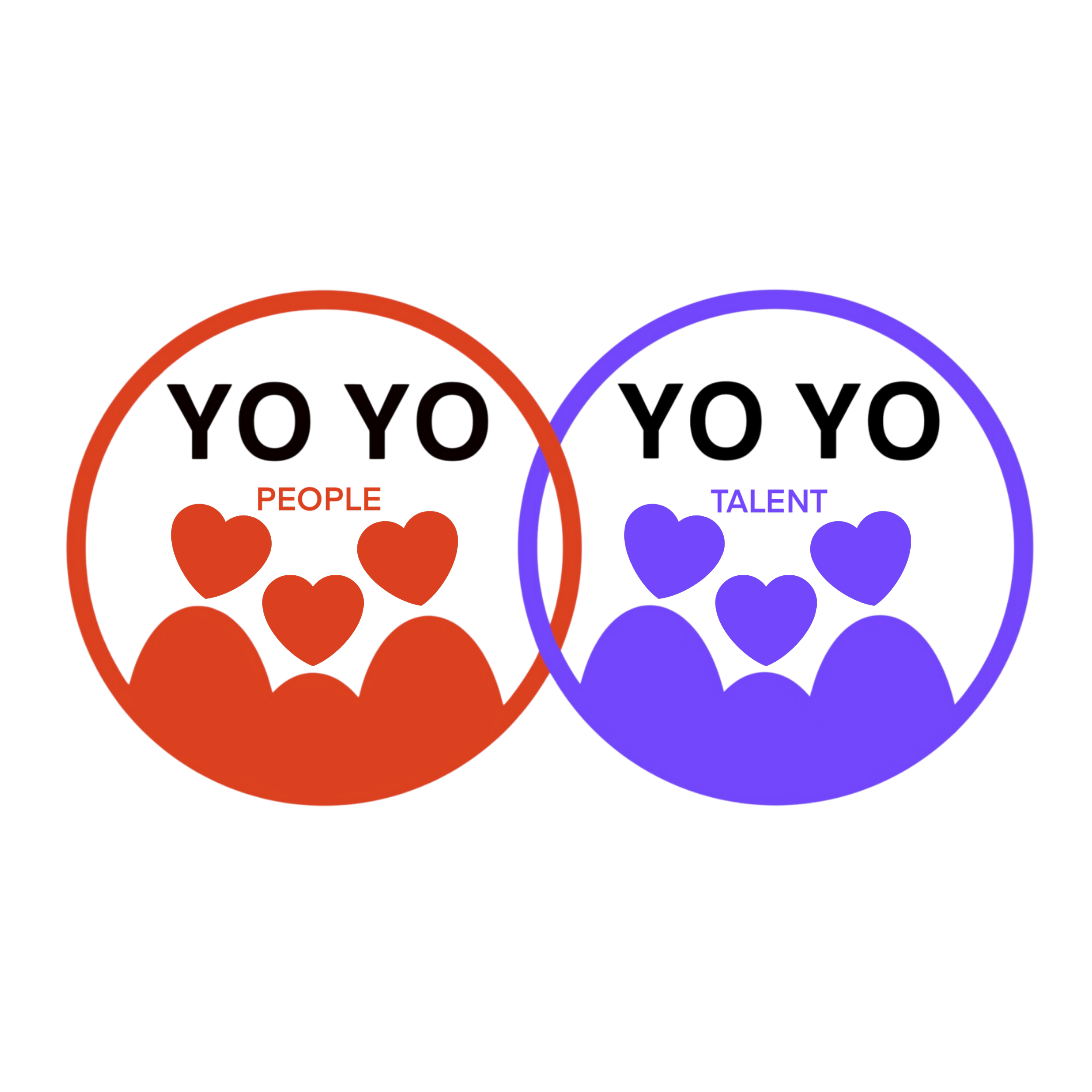 Graphic with two overlapping circles, one labeled 'PEOPLE' with icons of people and hearts, and the other labeled 'TALENT' with similar icons, emphasizing the connection between people and talent.