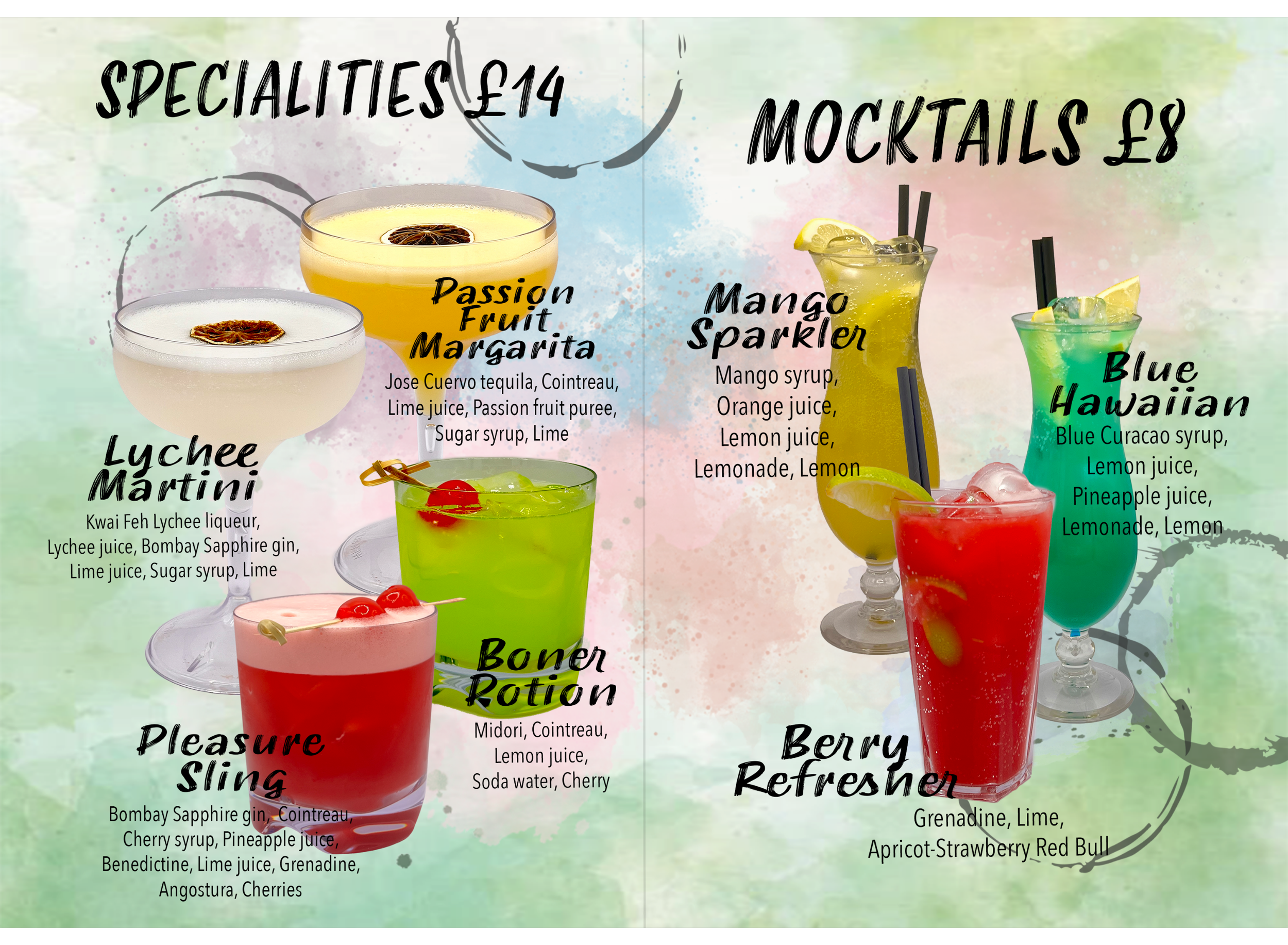 A colorful menu featuring a variety of cocktails and mocktails with their ingredients and prices. The left side lists cocktails including Lychee Martini, Passion Fruit Margarita, Pleasure Sling, and Bone Rotation, each with ingredients like gin, Cointreau, juices, and syrups. The right side presents mocktails such as Mango Sparkler, Blue Hawaiian, and Berry Refreshner, with ingredients like fruit syrups, juices, and garnishes. Each drink has a brightly colored image and price.