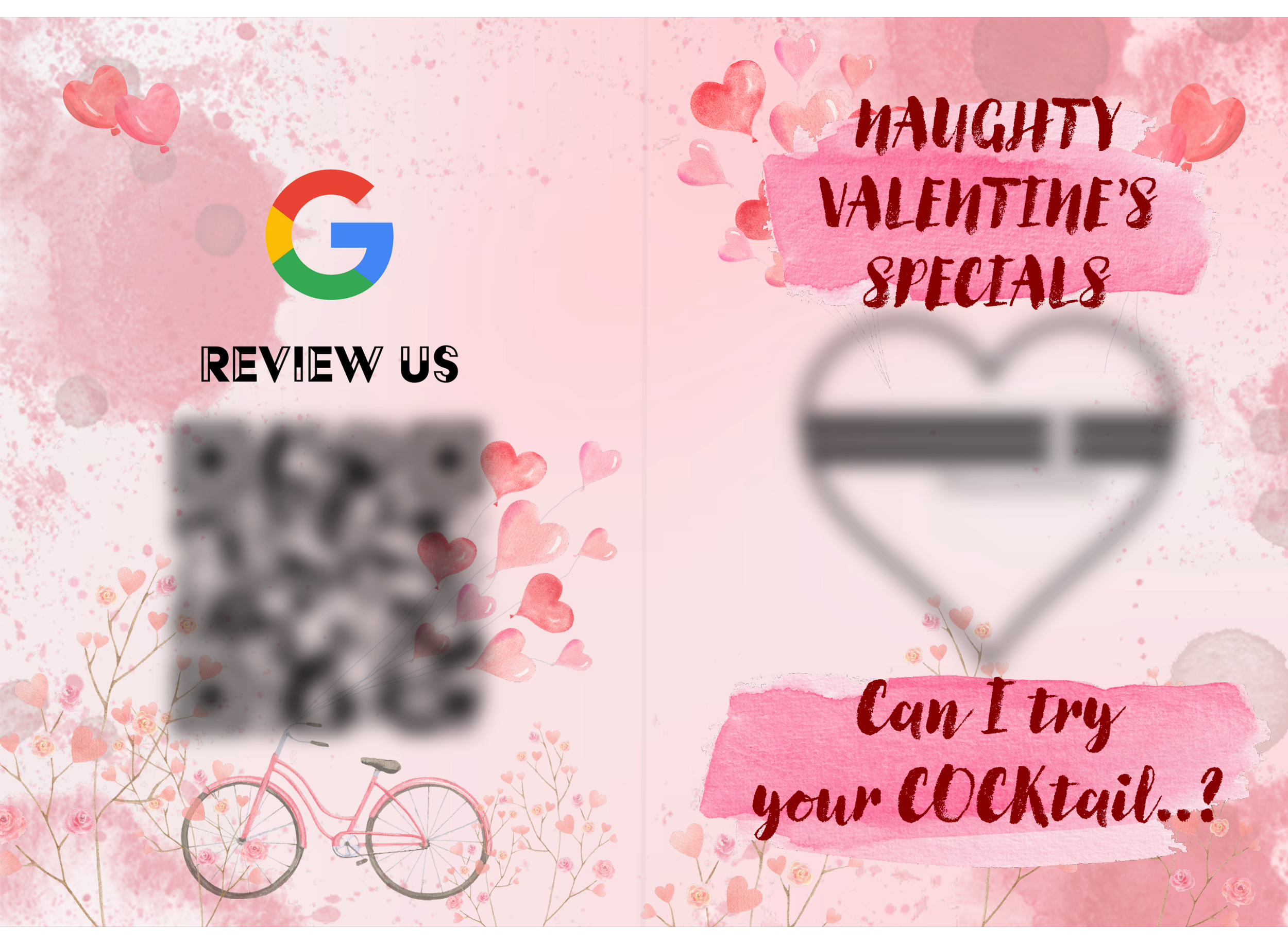 A pink Valentine's Day-themed flyer with hearts, flowers, and a bicycle background. It features a colorful Google logo at the top left, promotional text to review the service, and Valentine's specials offering cocktails.