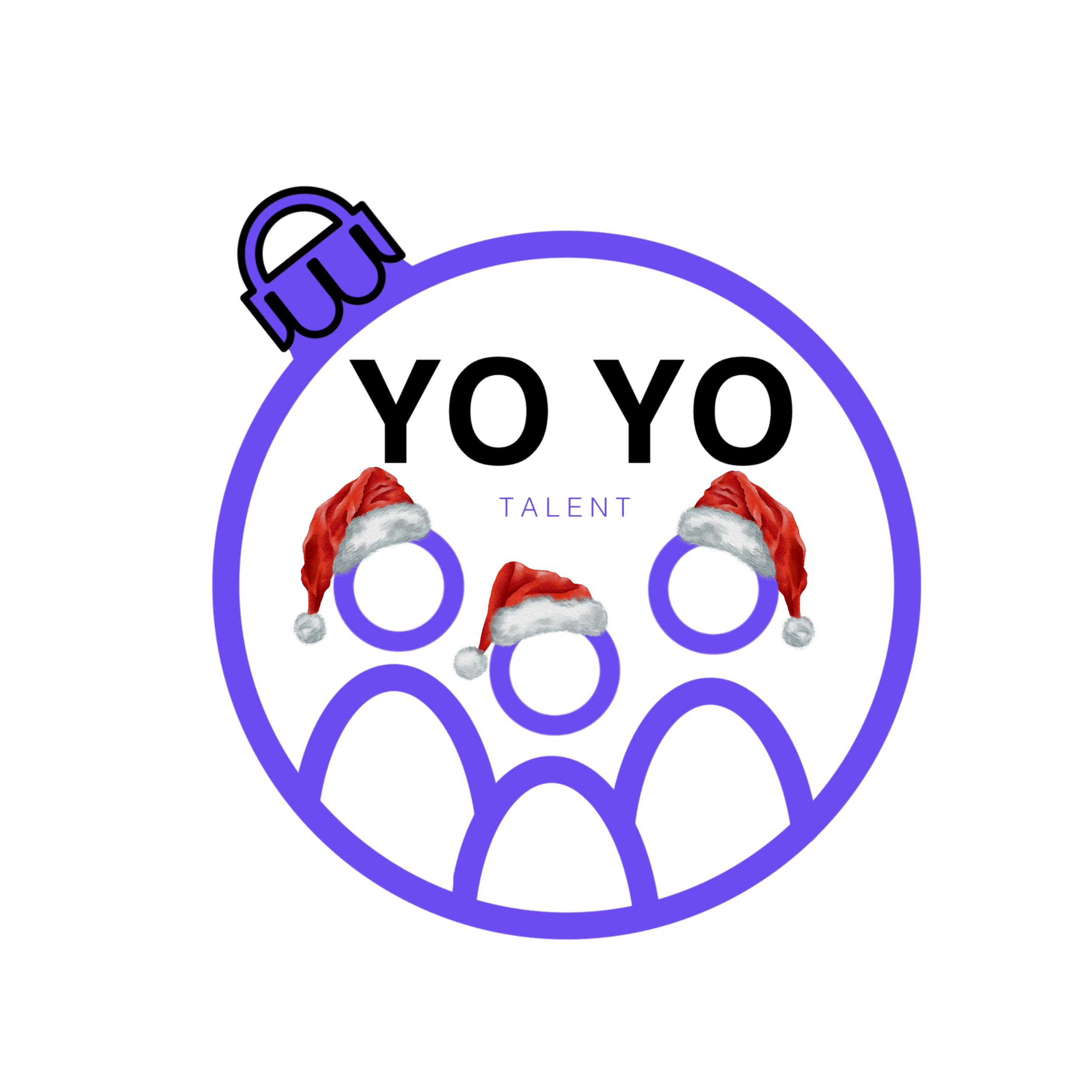 Graphic design featuring five stylized human figures within a large purple circle, text saying "YO YO" and "TALENT" in the center, and three red Santa hats with white trim and pom-poms placed on three of the figures, with a small purple outline shopping bag at the top left outside the circle.