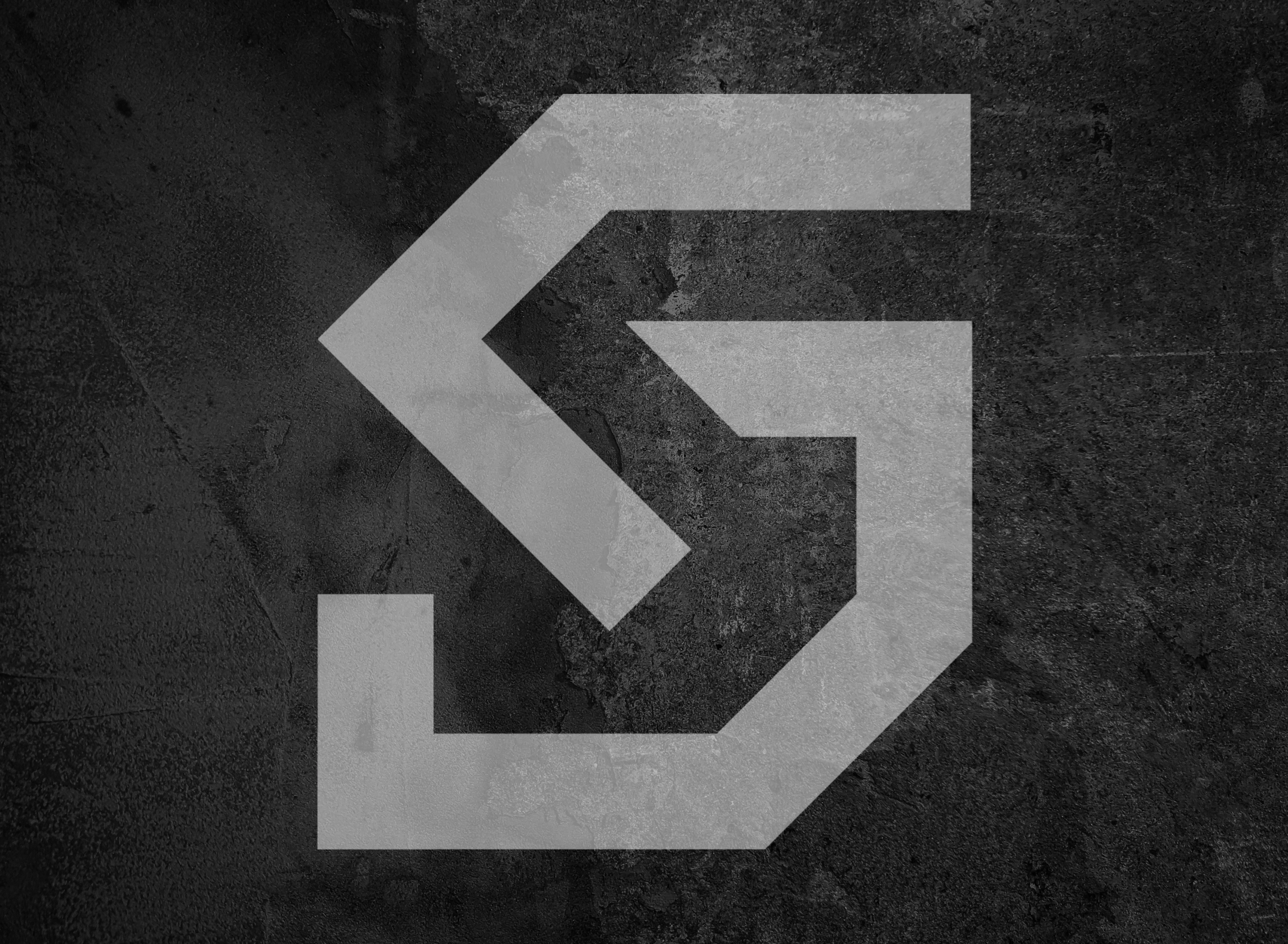 Gray geometric logo with overlapping shapes on a dark textured background.