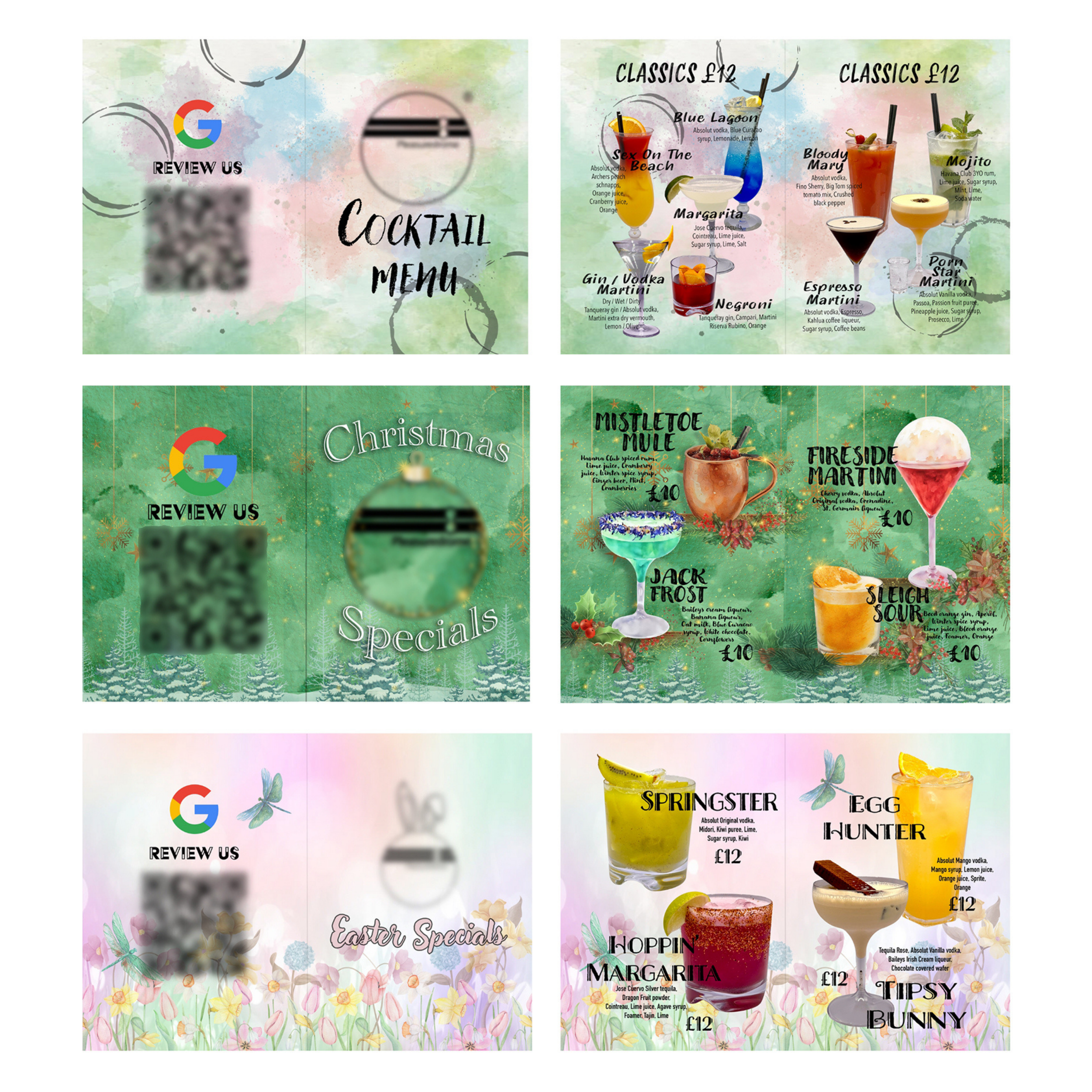 A colorful menu with various cocktail and drink options, divided into sections for Christmas specials, Easter specials, and festive drinks, featuring images of drinks with prices in pounds.