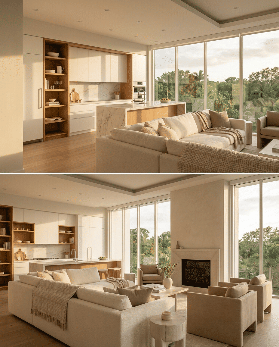 Bright and airy living room with large windows, neutral-colored sofas, a fireplace, and a view of lush greenery outside. Open kitchen with white cabinets, marble backsplash, and wooden shelves.
