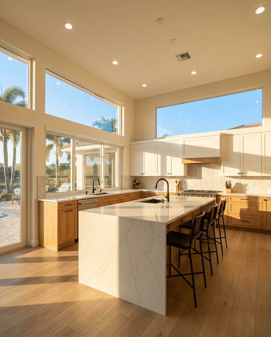 Modern kitchen with large windows, white and wood cabinetry, marble island, black bar stools, and wood flooring.