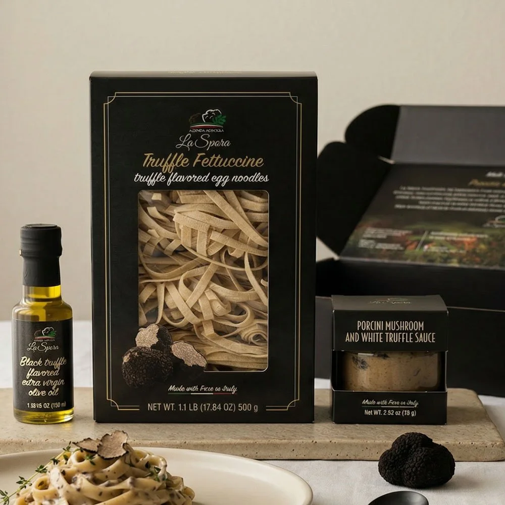 Discover an authentic Italian truffle gift set featuring black & white truffle butter, sauces, mayo and honey. Elegant gourmet gift for foodies.