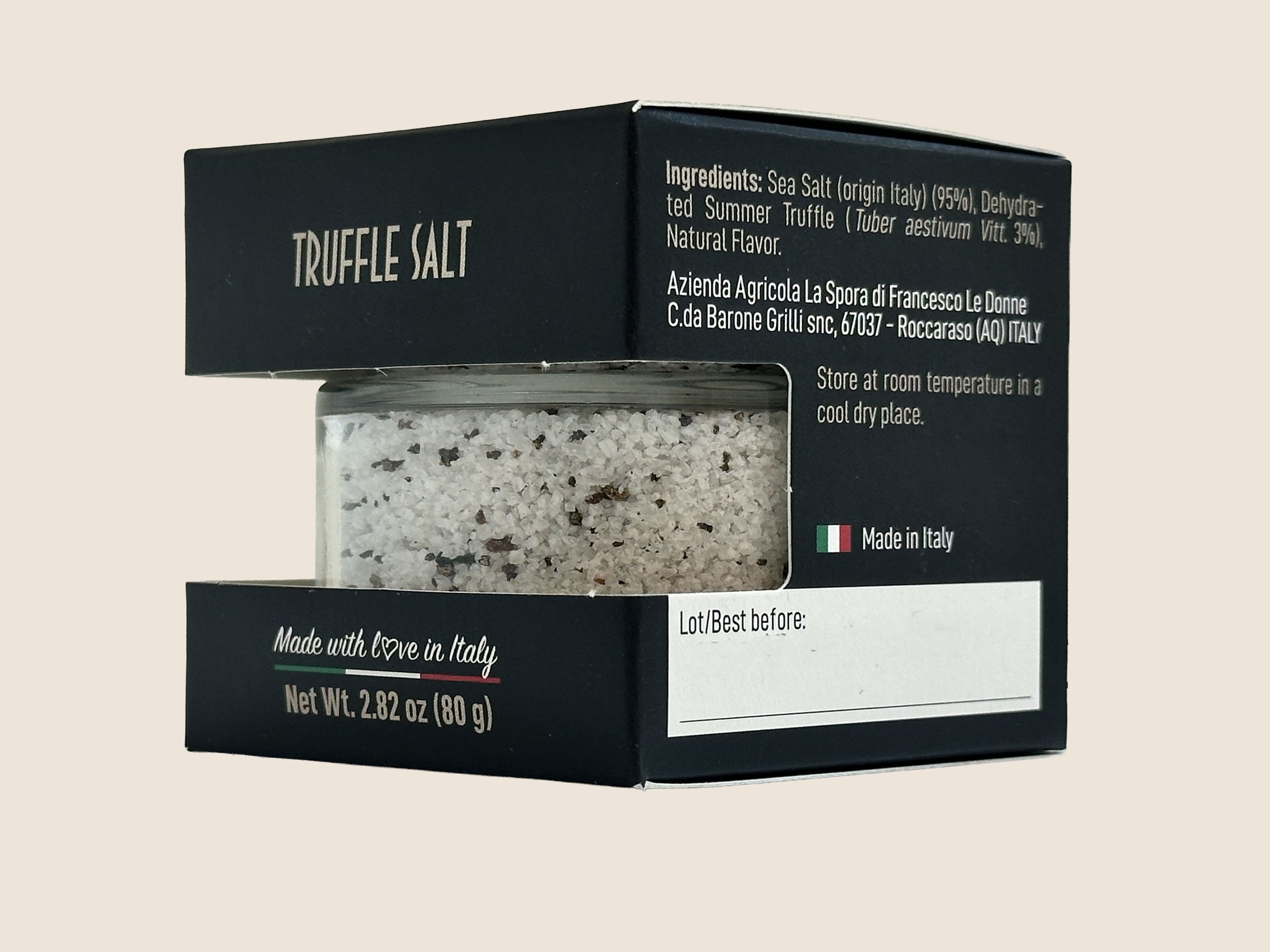 crafted from premium sea salt and infused with authentic black truffles.