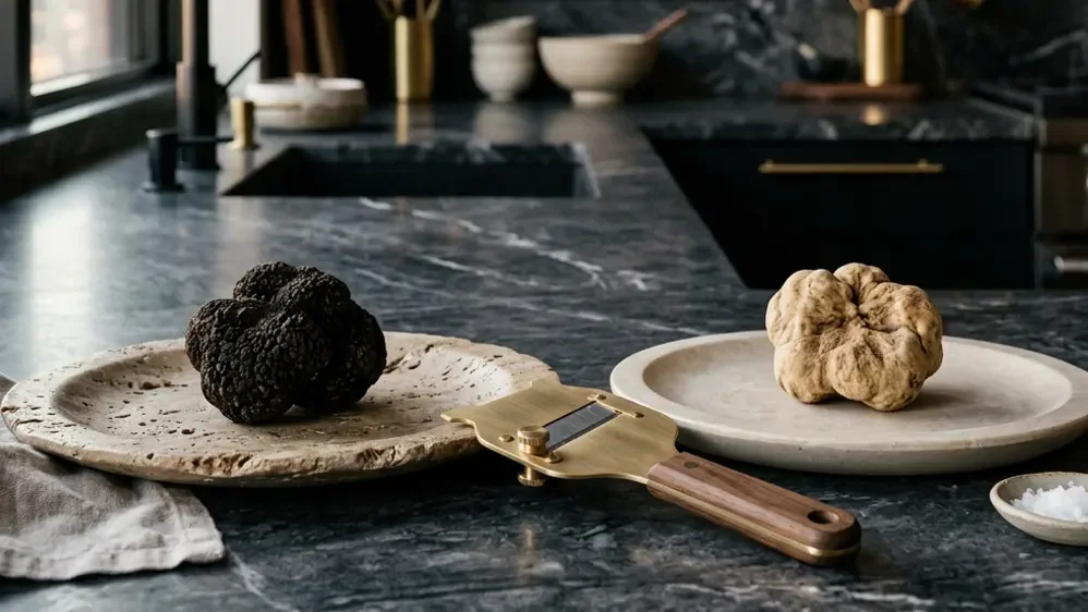White and black truffle excellence on plate ready to be shaved on pasta