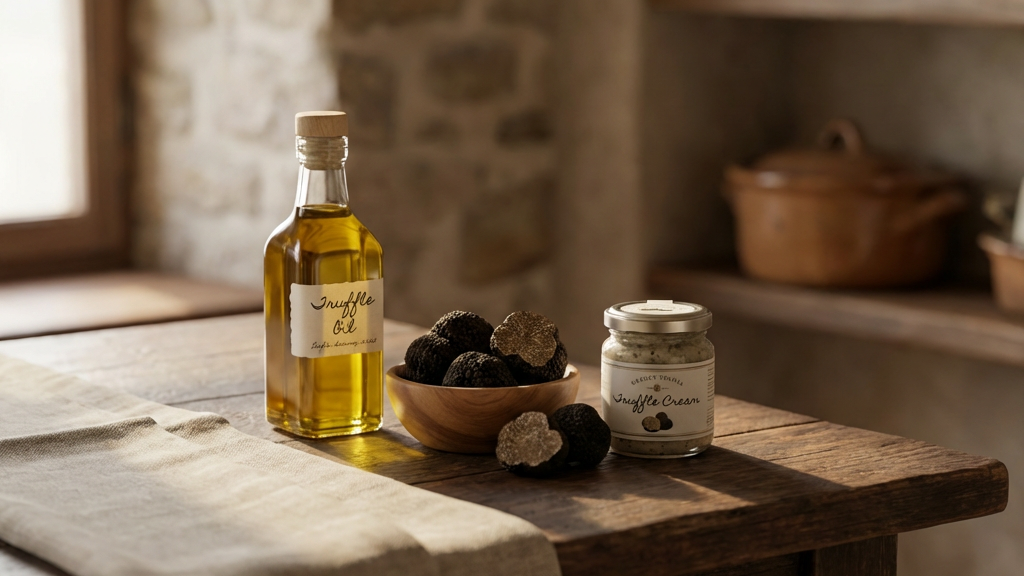 Fresh black truffles and preserved truffle jars showcasing authentic Italian truffle ingredient