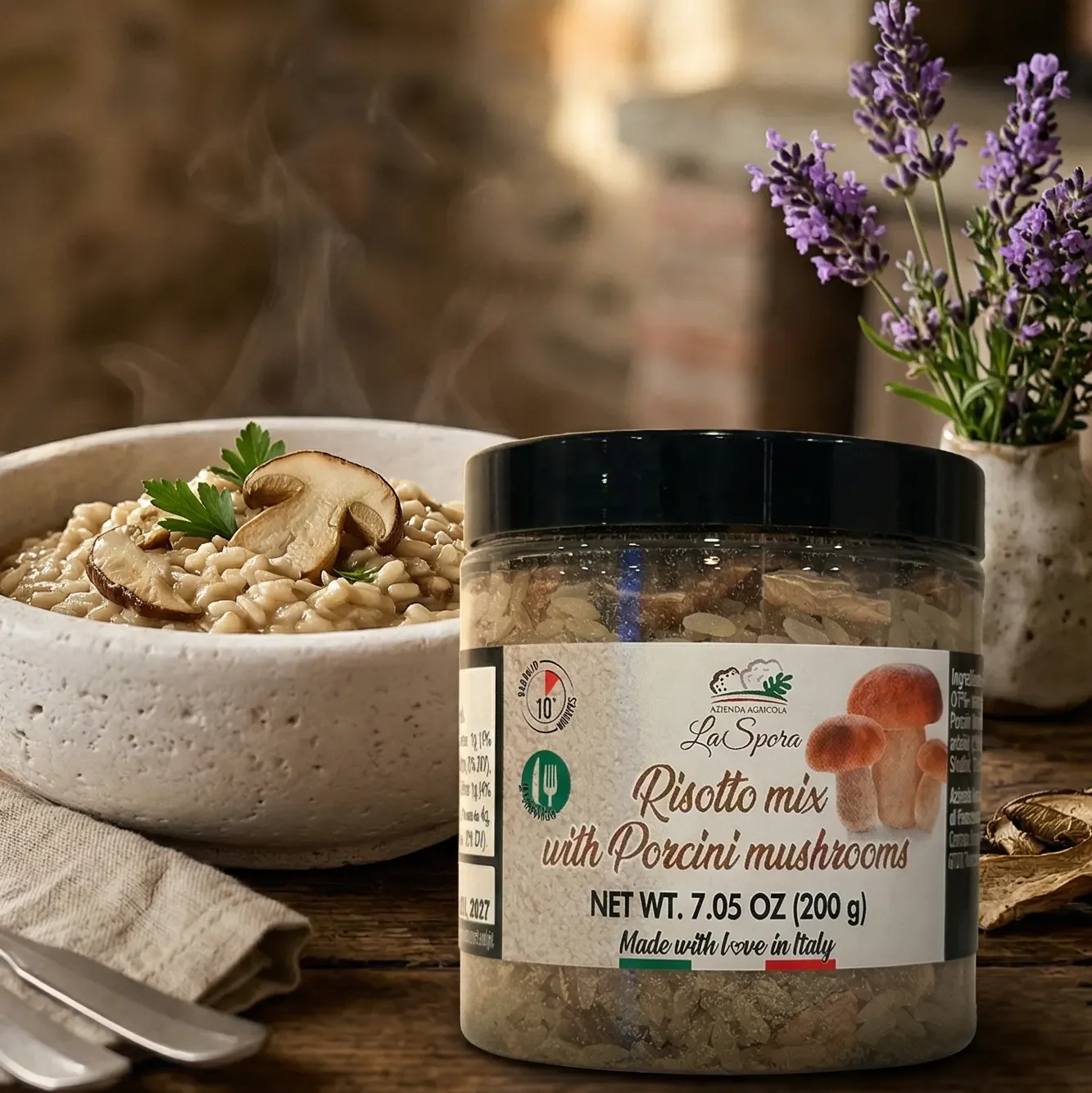 Creamy truffle porcini risotto plated with shaved Parmesan and parsley