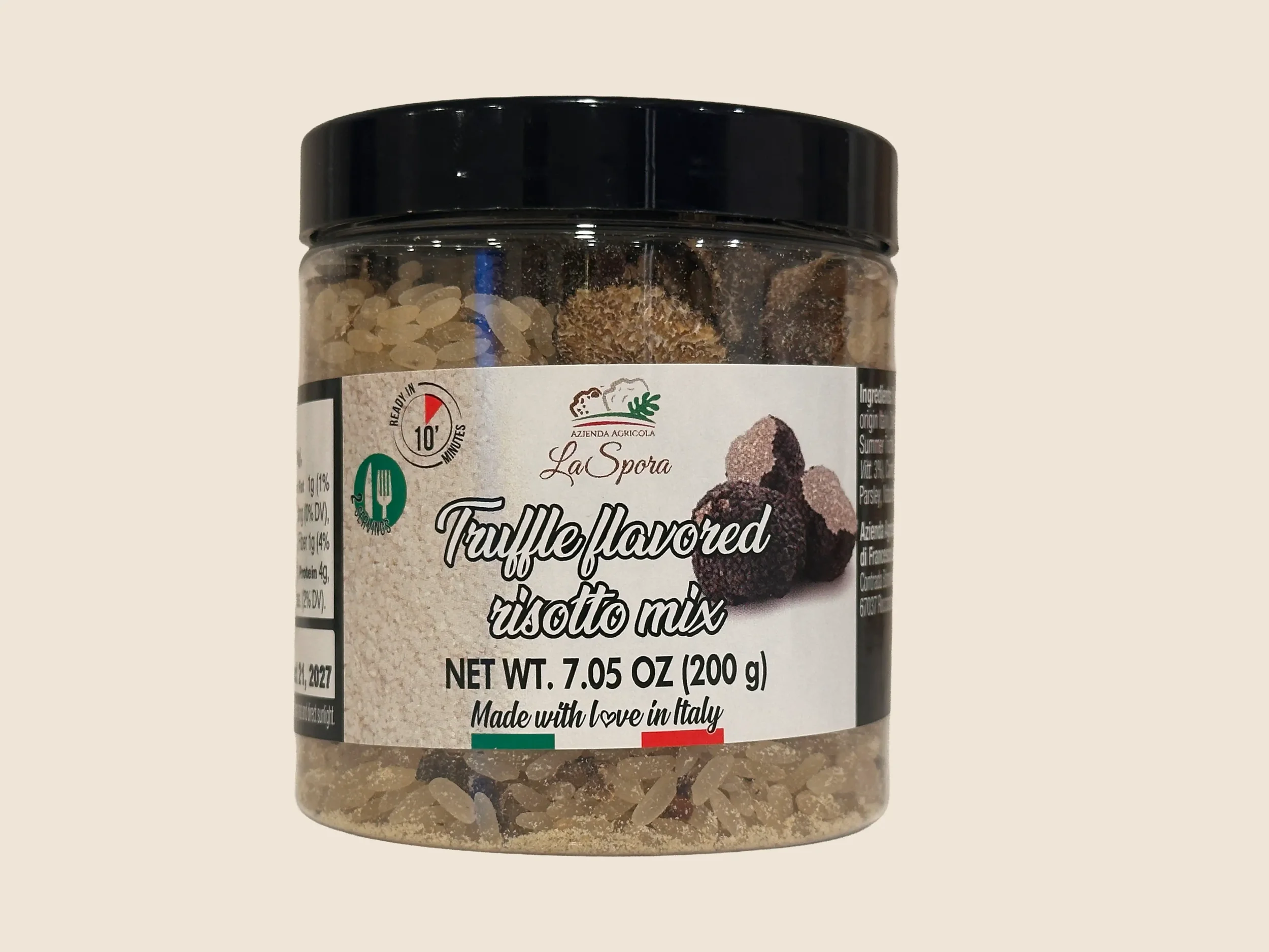 La Spora truffle flavored risotto mix 200g jar label
