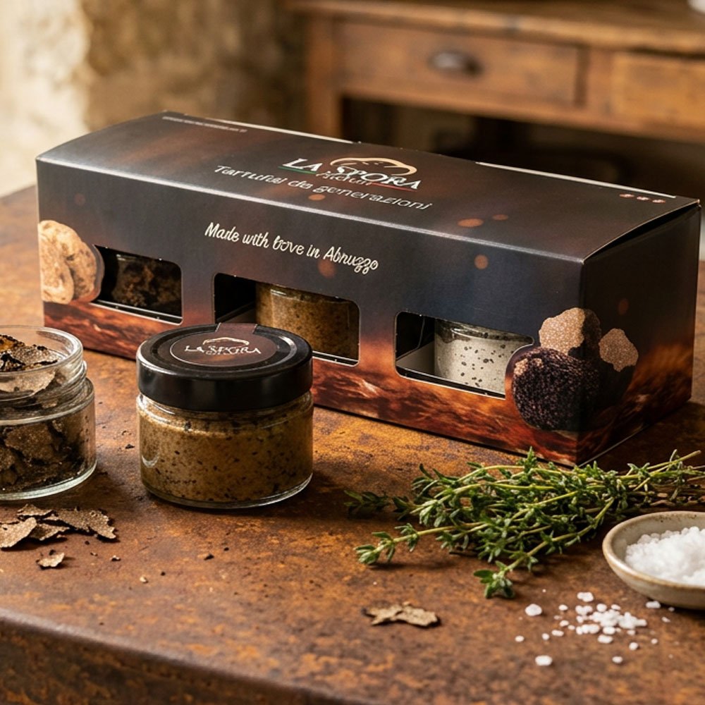 Made in Italy truffle sampler with butter, truffle mayo, porcini sauce & honey. Beautifully packaged luxury gift for holidays & corporate gifting.