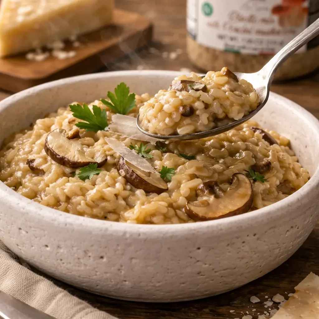 Porcini risotto mix jar with prepared risotto bowl