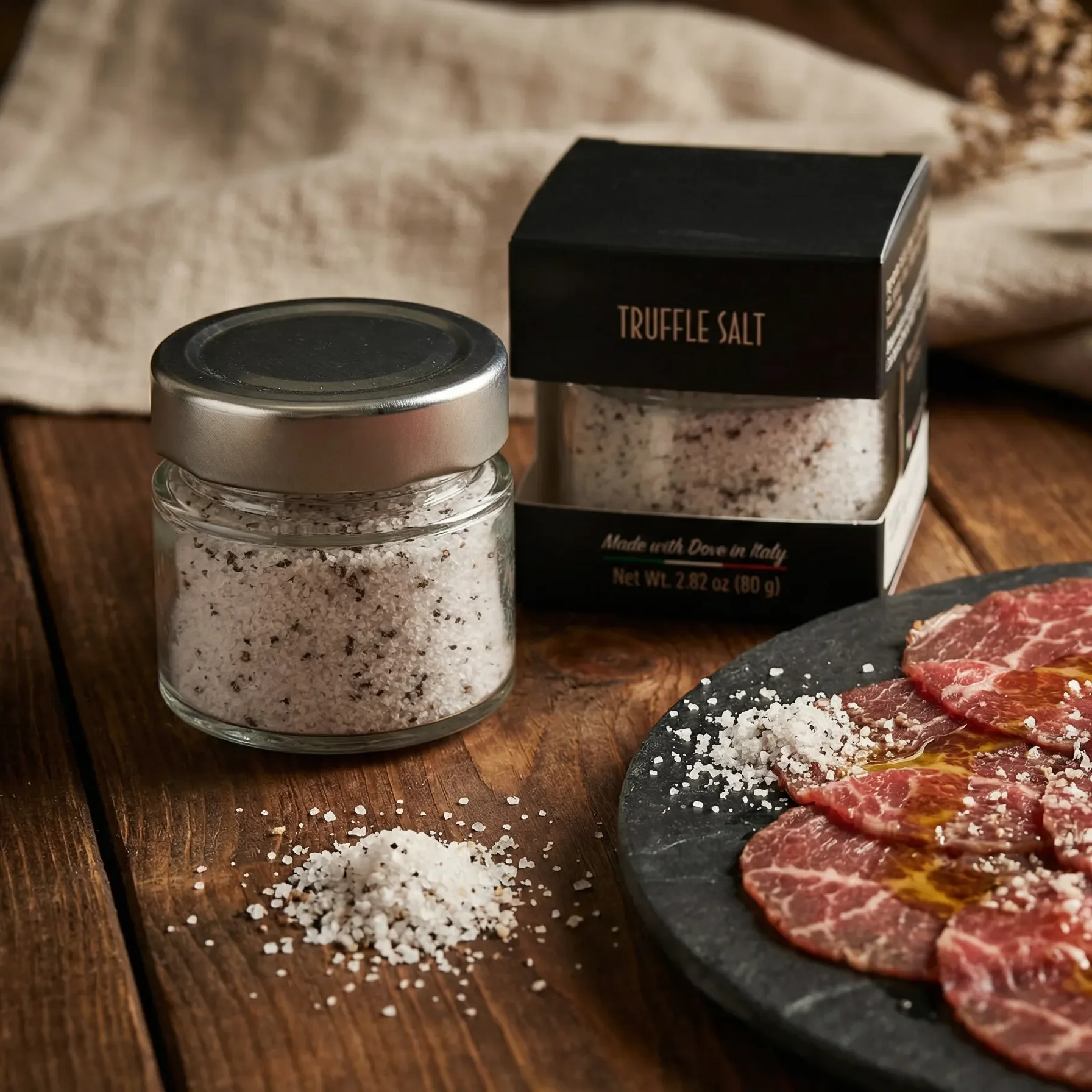 La Spora Premium Italian black truffle salt sprinkled on pasta and gourmet dishes