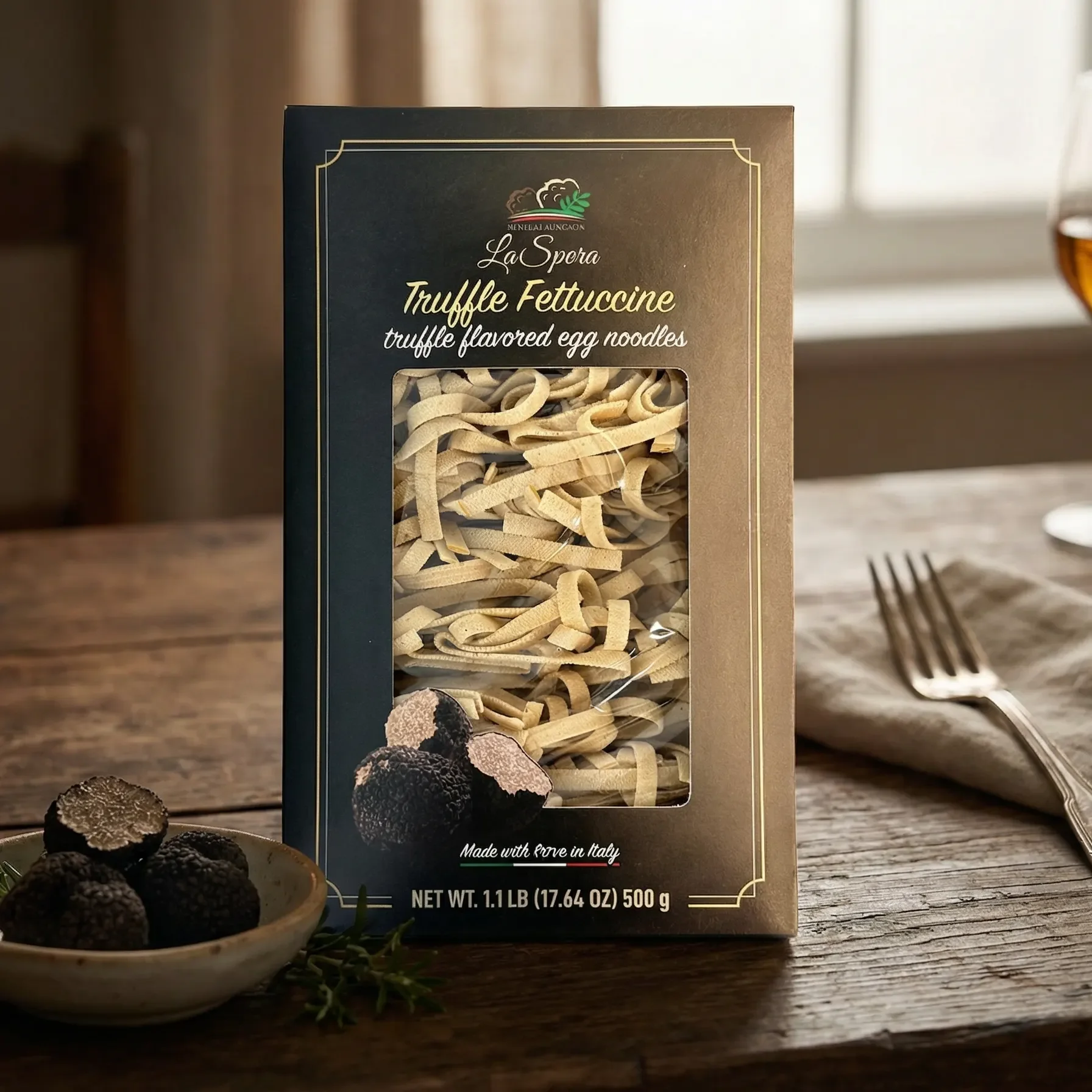 Prime Truffle truffle flavored La spora egg fettuccine 500g package on wooden board