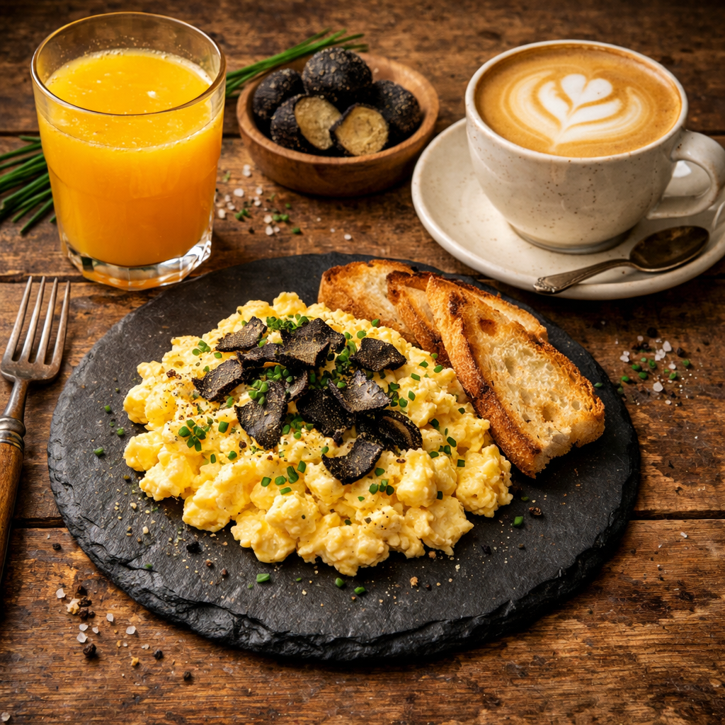 Eggs are the perfect canvas for truffle flavor. The creaminess of the scramble lets the aroma bloom without overpowering.